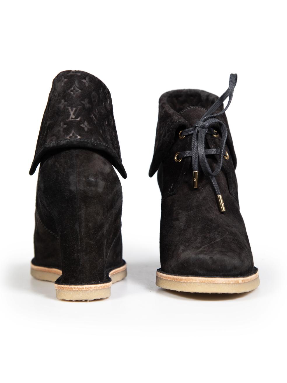 Louis Vuitton Black Suede Monogram Wedge Boots Size IT 37.5 In Good Condition In London, GB