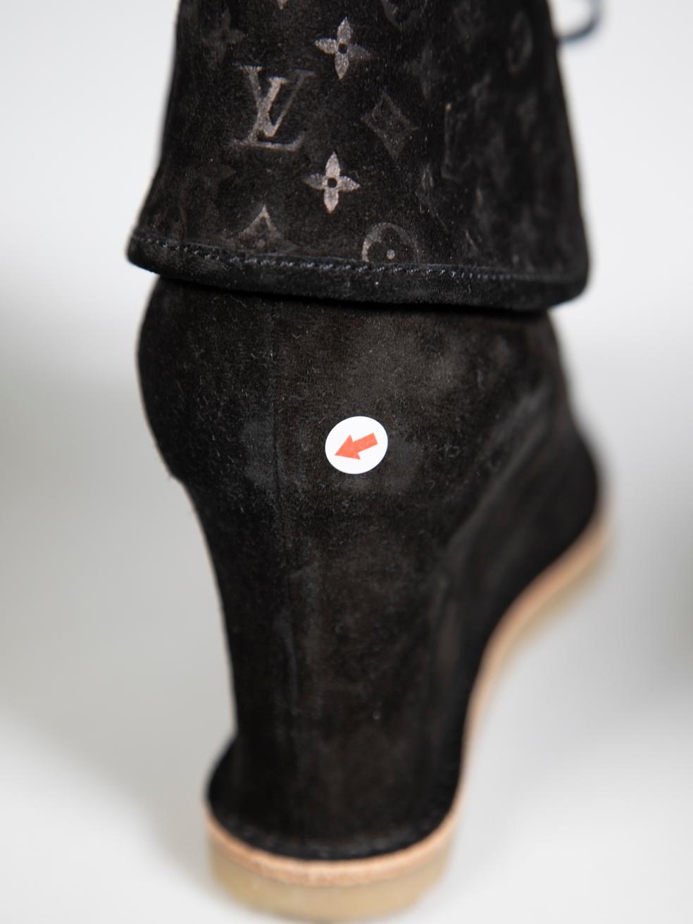 Louis Vuitton Black Suede Monogram Wedge Boots Size IT 37.5 4