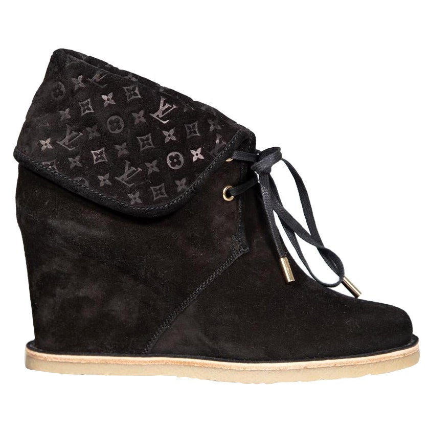 Louis Vuitton Black Suede Monogram Wedge Boots Size IT 37.5