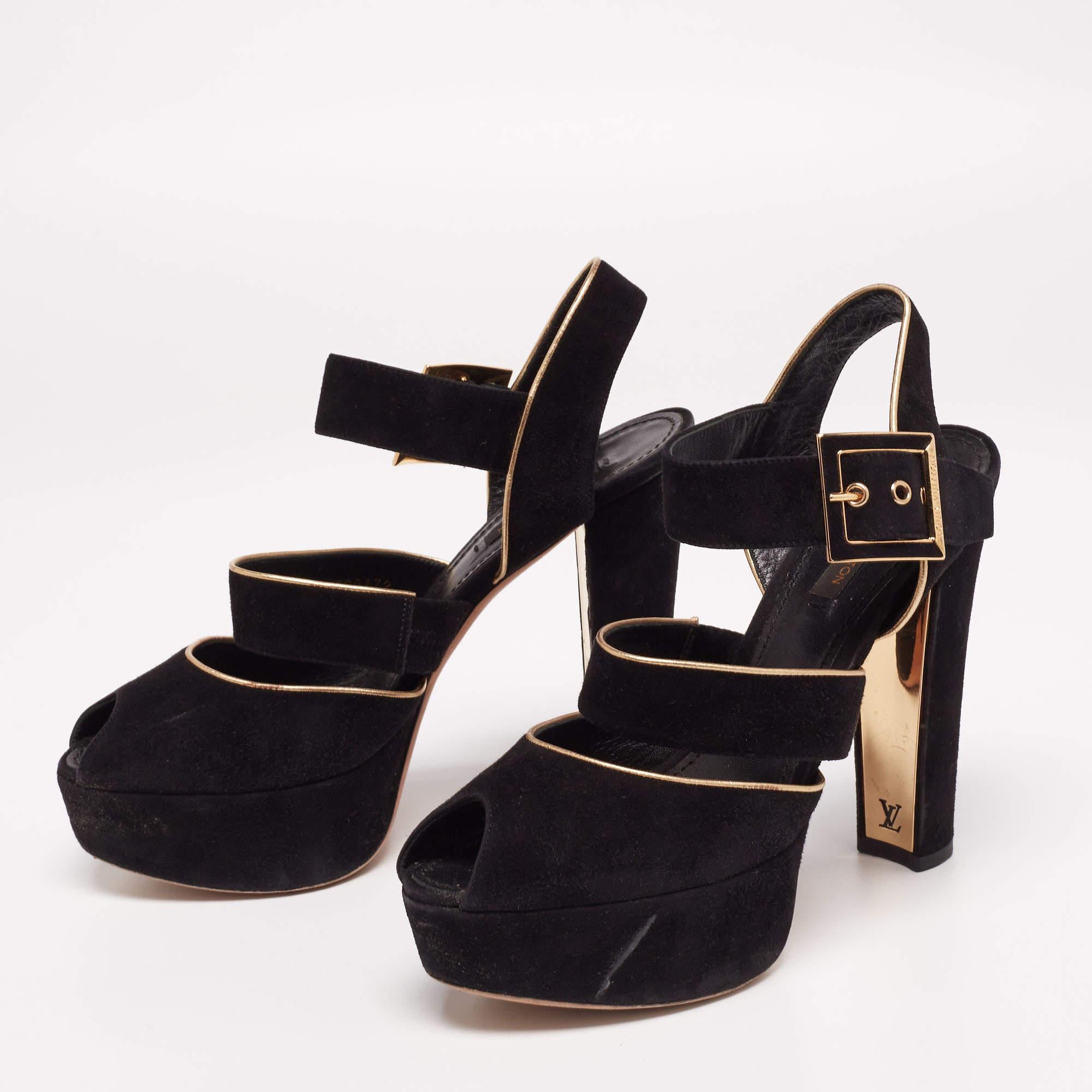 Women's Louis Vuitton Black Suede Mowani Platform Ankle-Strap Sandals Size 38 For Sale