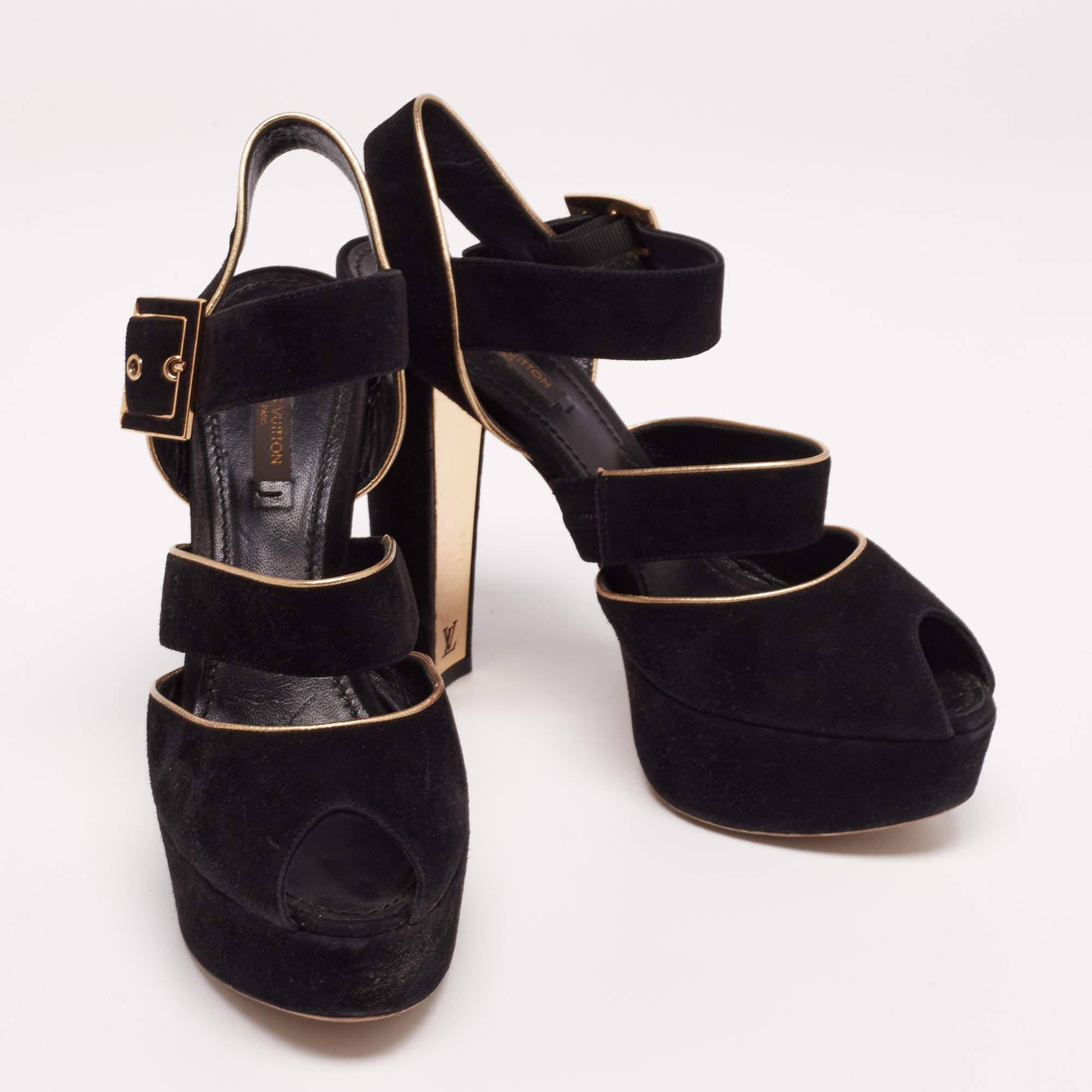 Louis Vuitton Black Suede Mowani Platform Ankle-Strap Sandals Size 38 For Sale 1