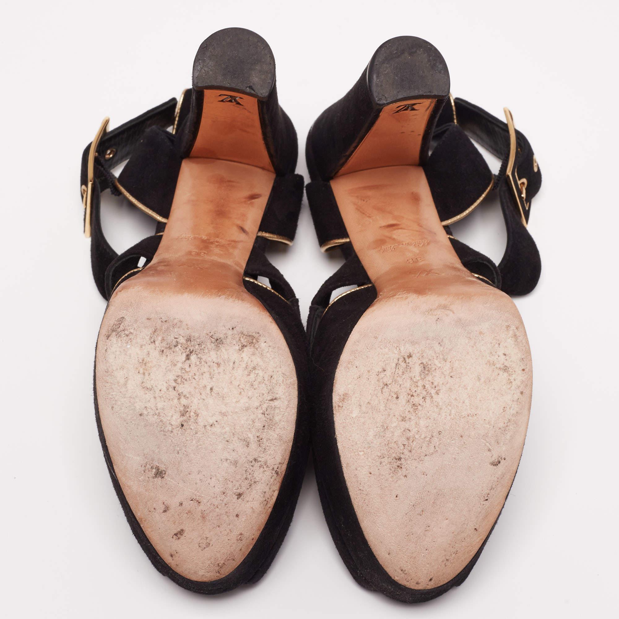 Louis Vuitton Black Suede Mowani Platform Ankle-Strap Sandals Size 38 For Sale 5