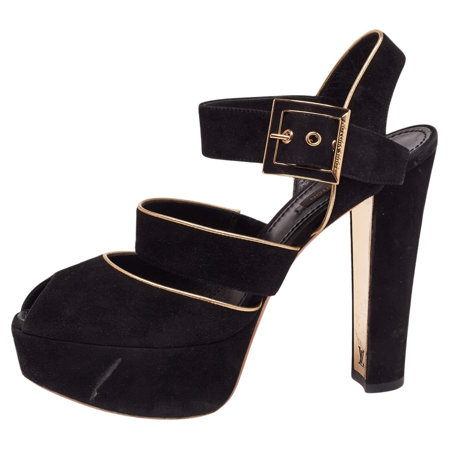 Louis Vuitton Women Black Sandals Suede Double Strap High Wedge Shoes Sz EU  39.5