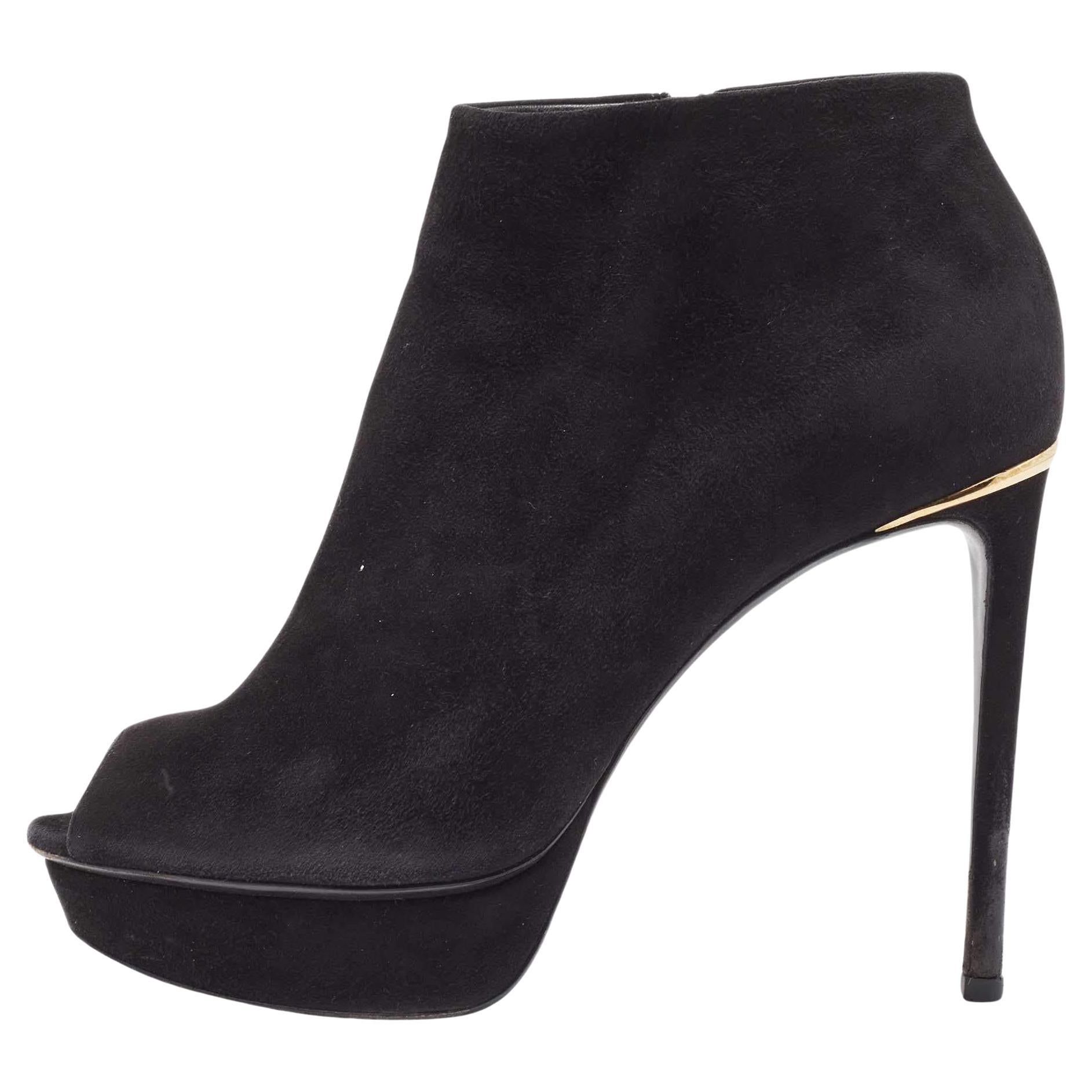 Louis Vuitton Peep Toe Ankle Boots en daim noir Taille 37 en vente
