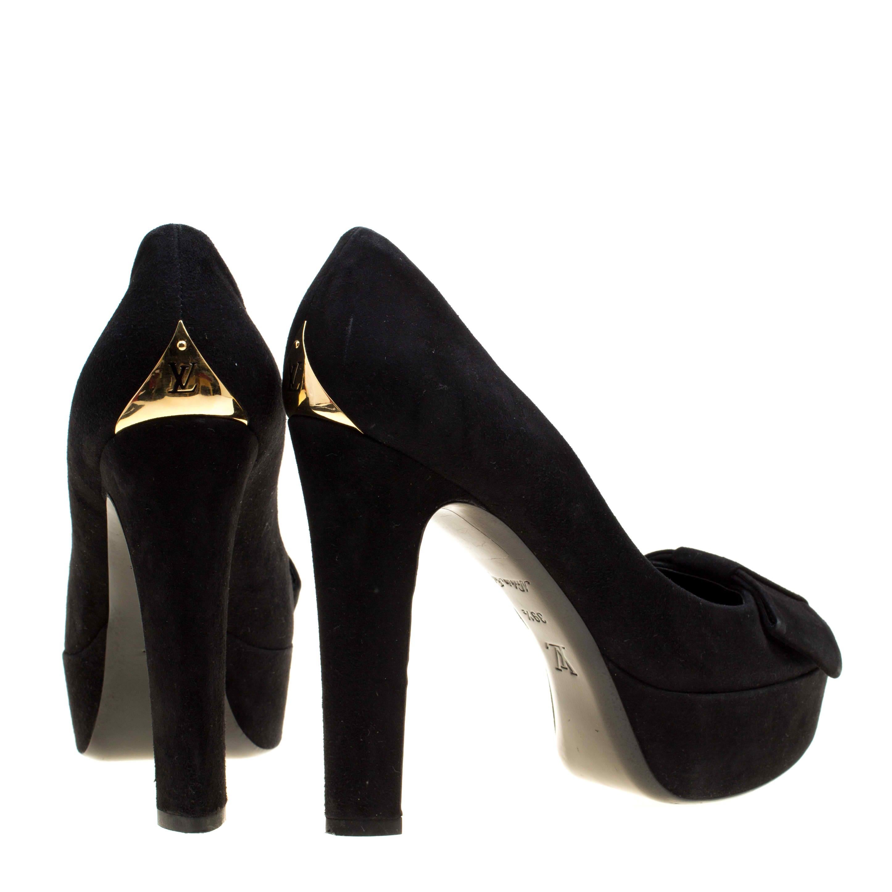 Women's Louis Vuitton Black Suede Peep Toe Bow Detail Platform Pumps Size 39.5