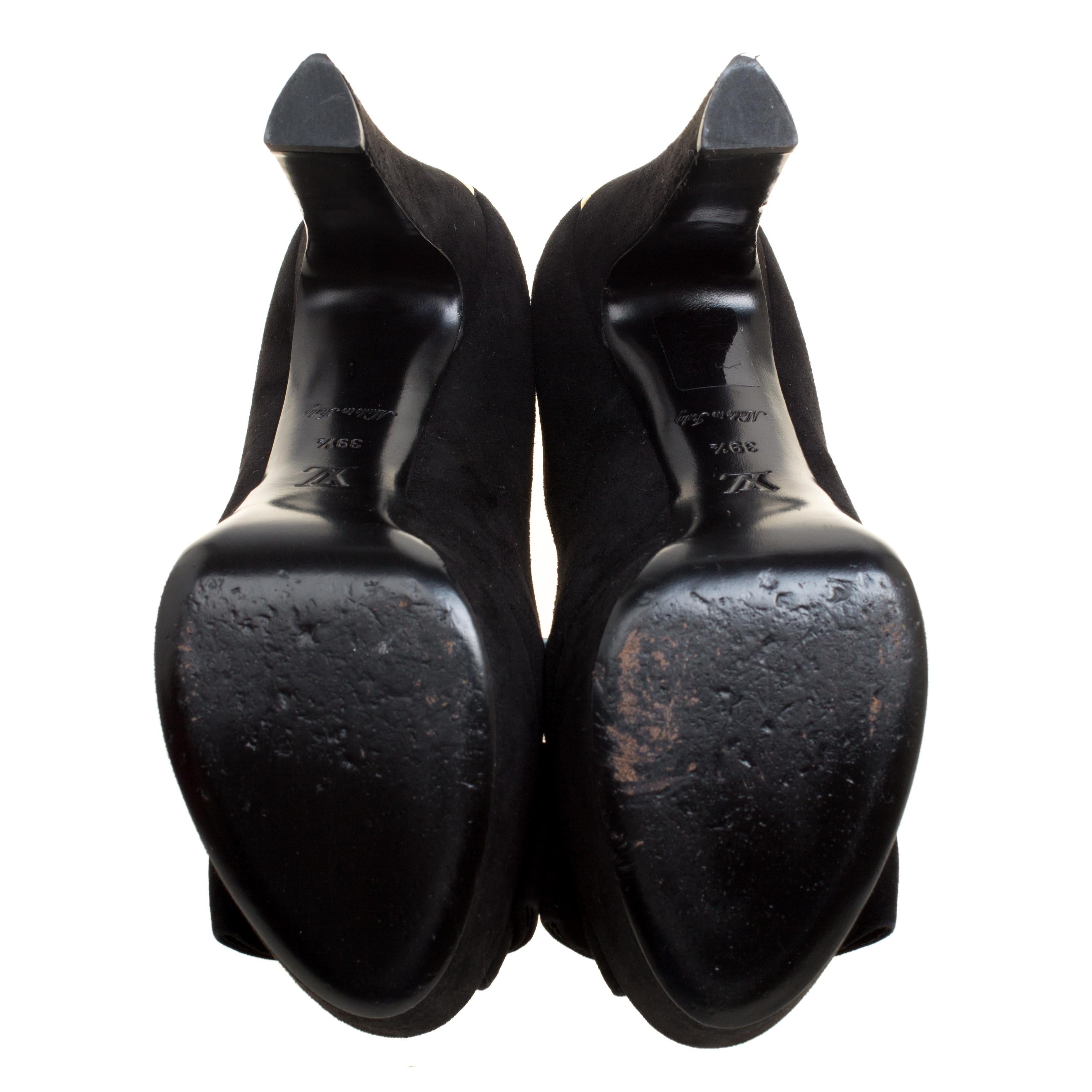 Louis Vuitton Black Suede Peep Toe Bow Detail Platform Pumps Size 39.5 2