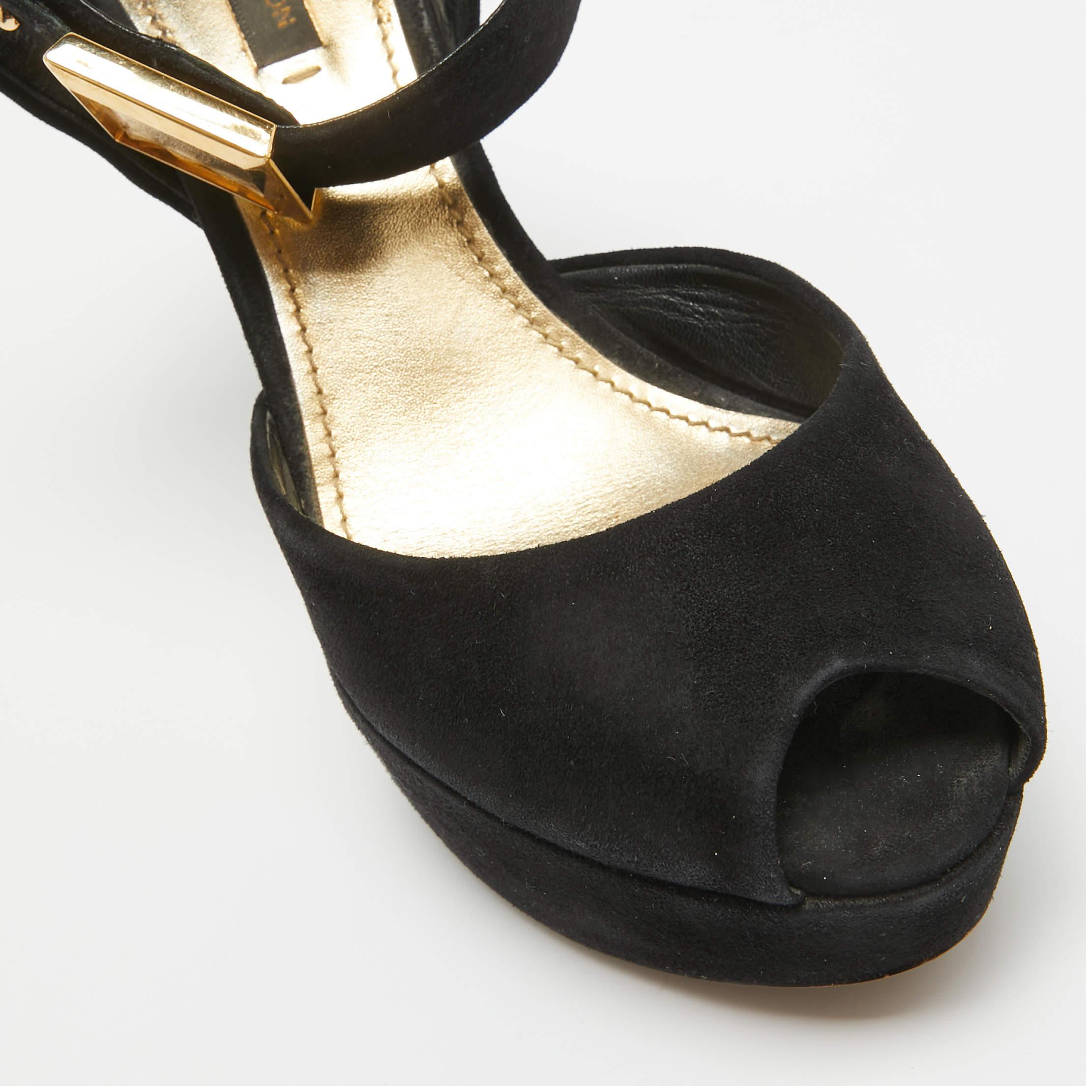 Women's Louis Vuitton Black Suede Platform Ankle Strap Pumps Size 37.5 For Sale