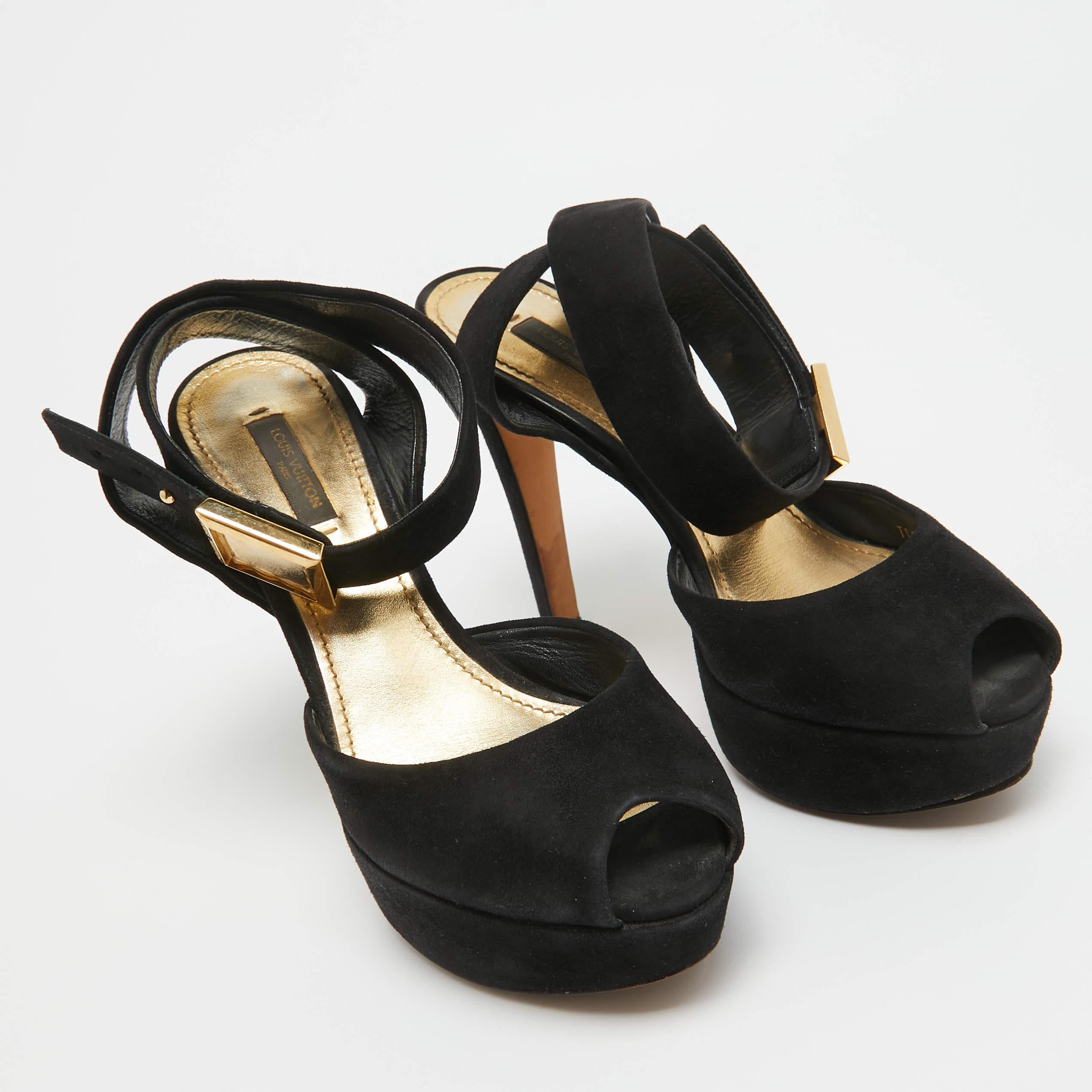 Louis Vuitton Black Suede Platform Ankle Strap Pumps Size 37.5 For Sale 1