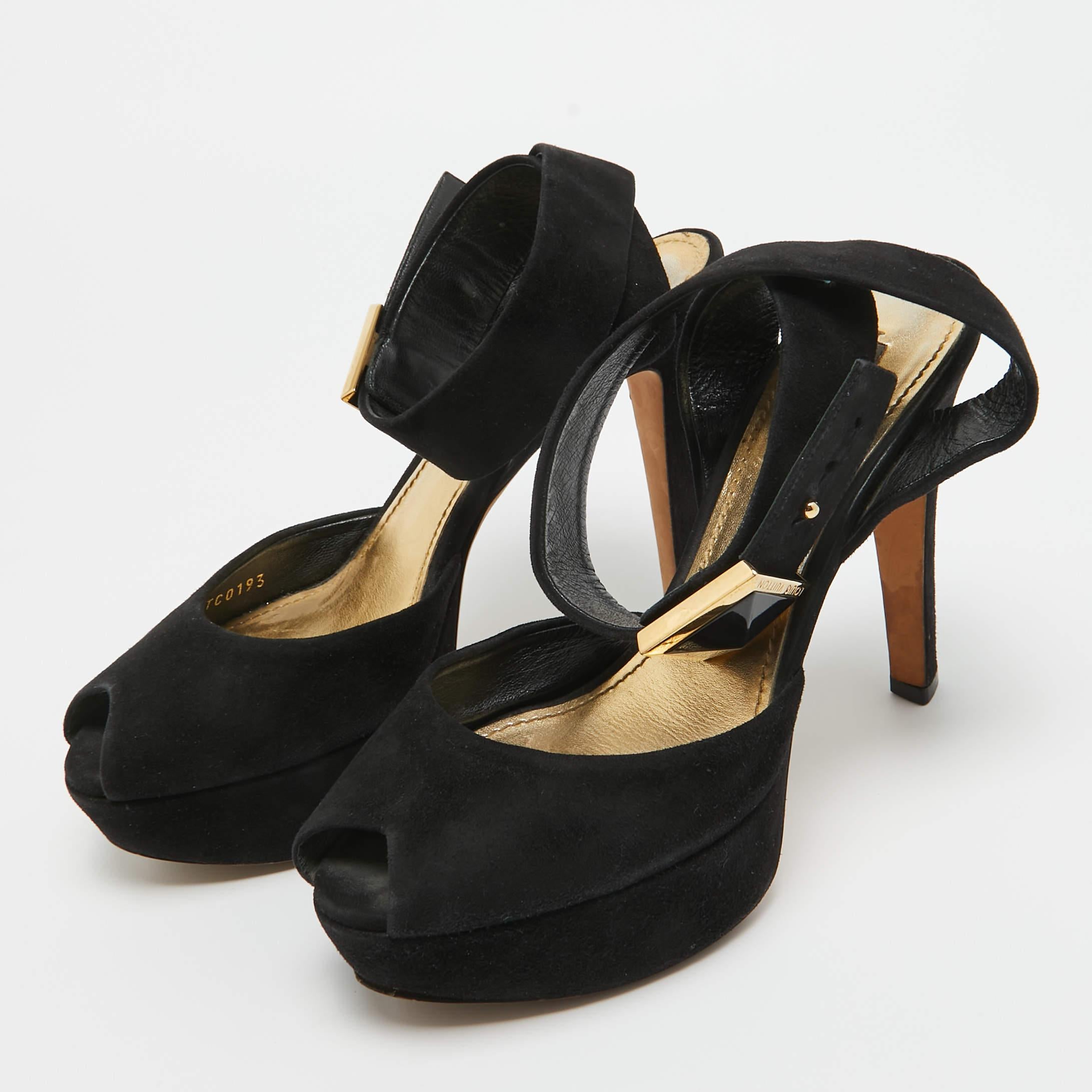 Louis Vuitton Black Suede Platform Ankle Strap Pumps Size 37.5 For Sale 2
