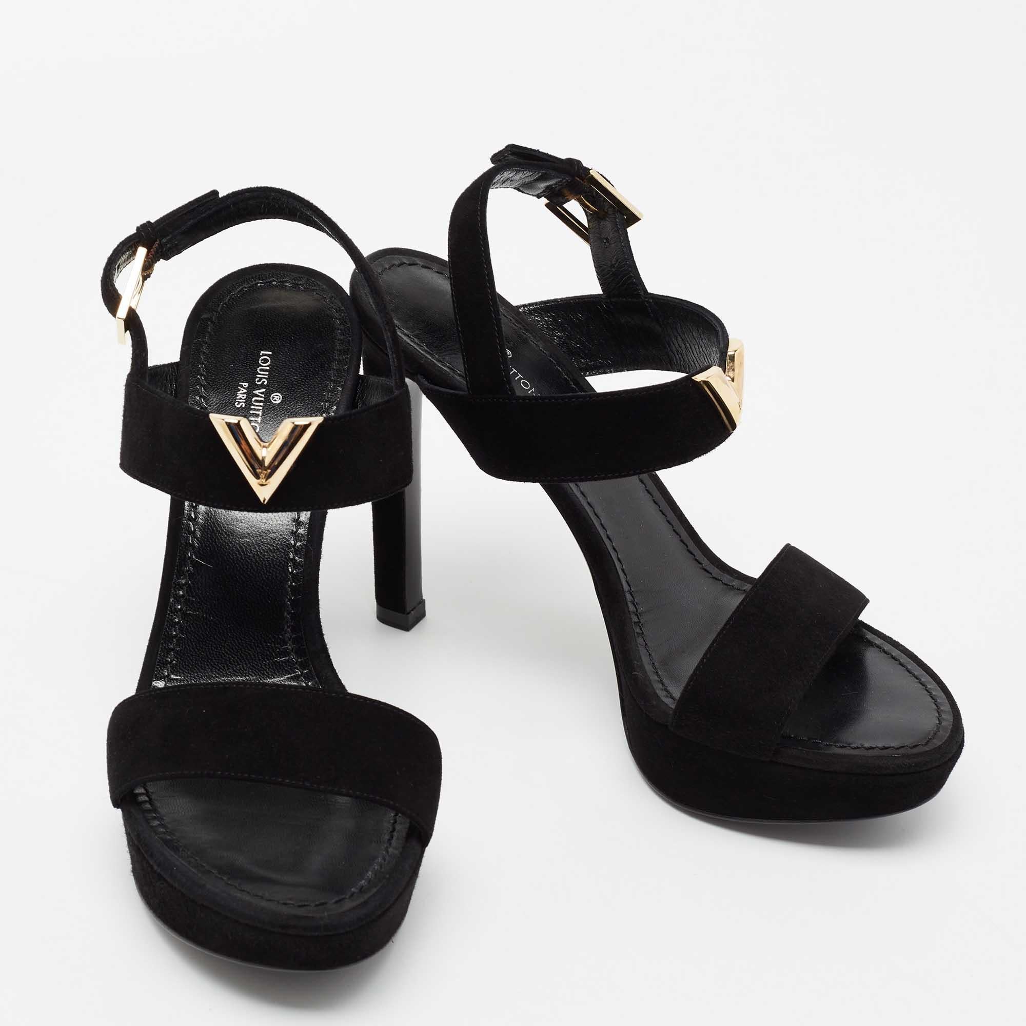 Louis Vuitton Black Suede Platform Ankle Strap Sandals Size 37 In Good Condition In Dubai, Al Qouz 2