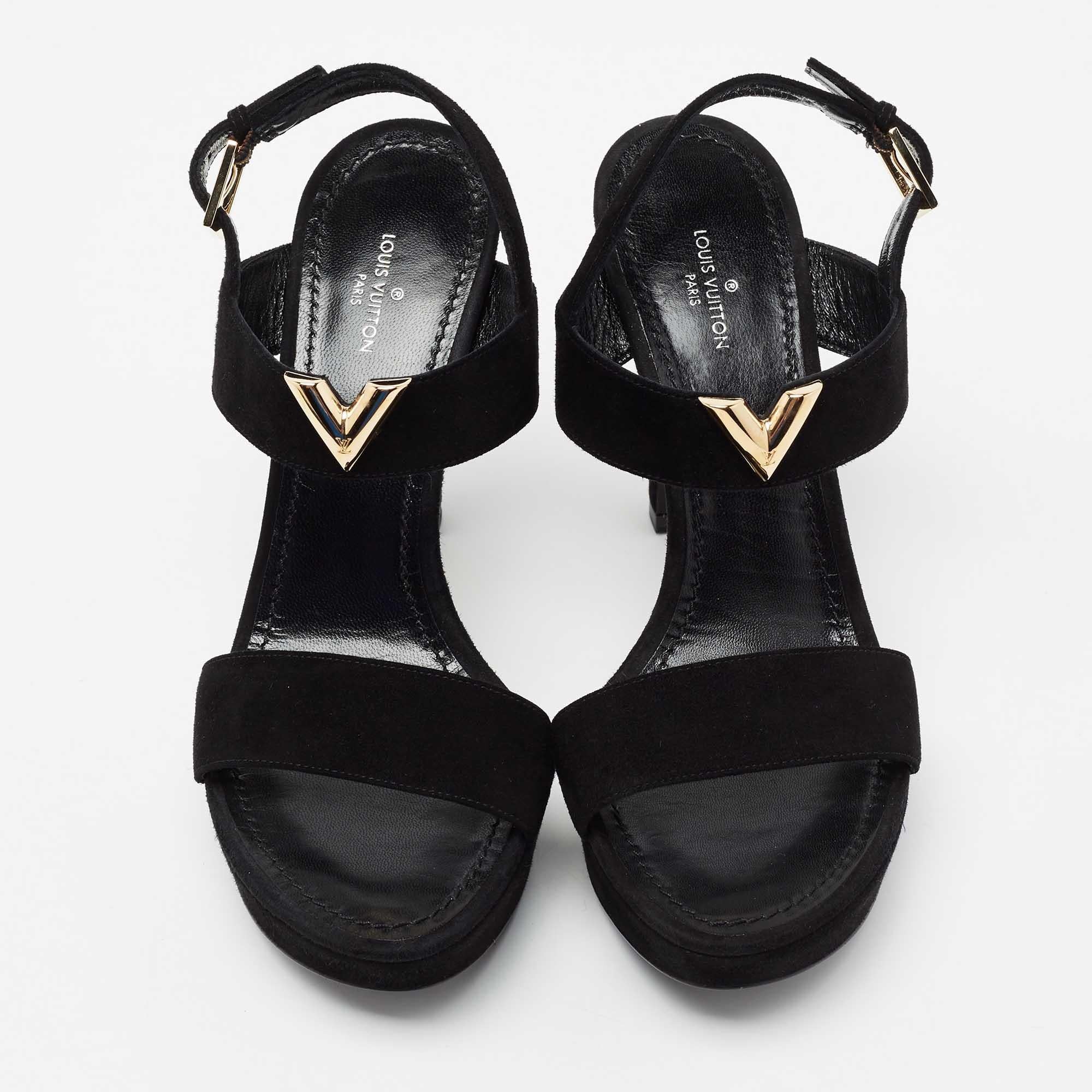 Women's Louis Vuitton Black Suede Platform Ankle Strap Sandals Size 37