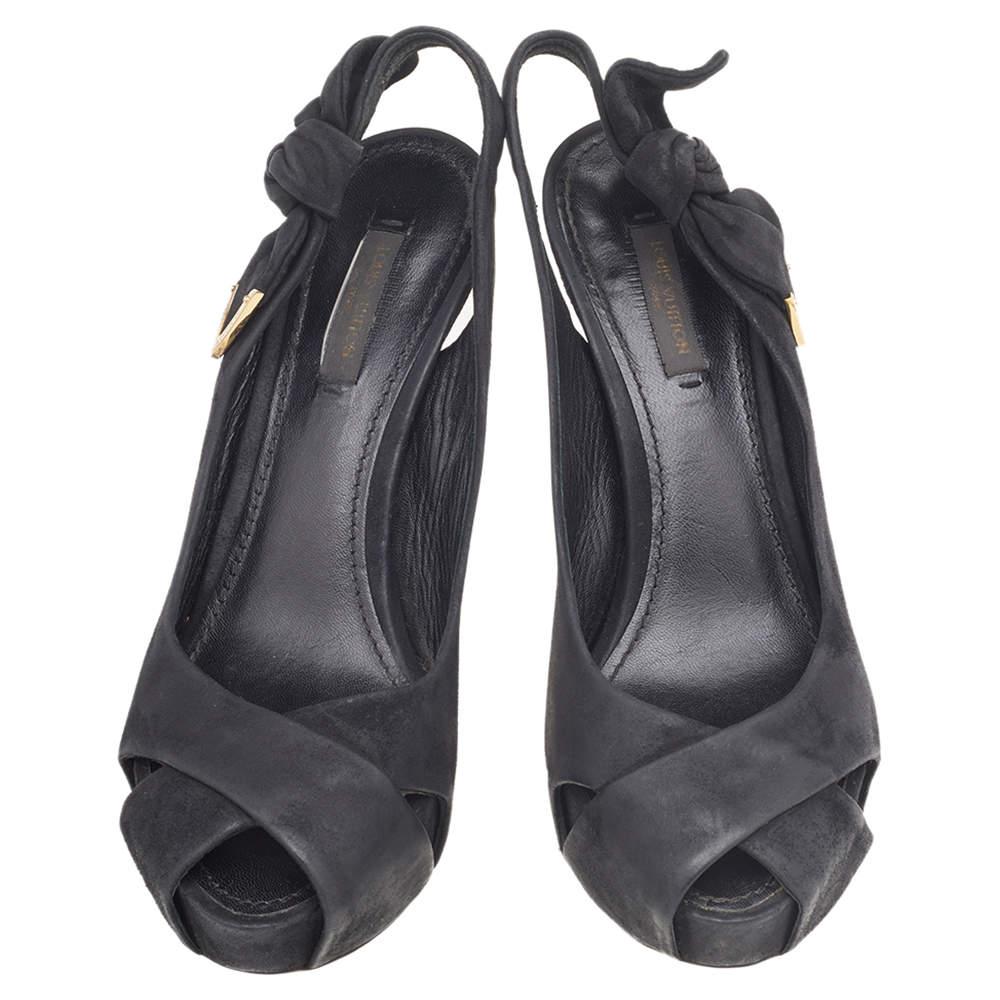 Louis Vuitton Black Suede Platform Slingback Sandals Size 37 In Fair Condition In Dubai, Al Qouz 2