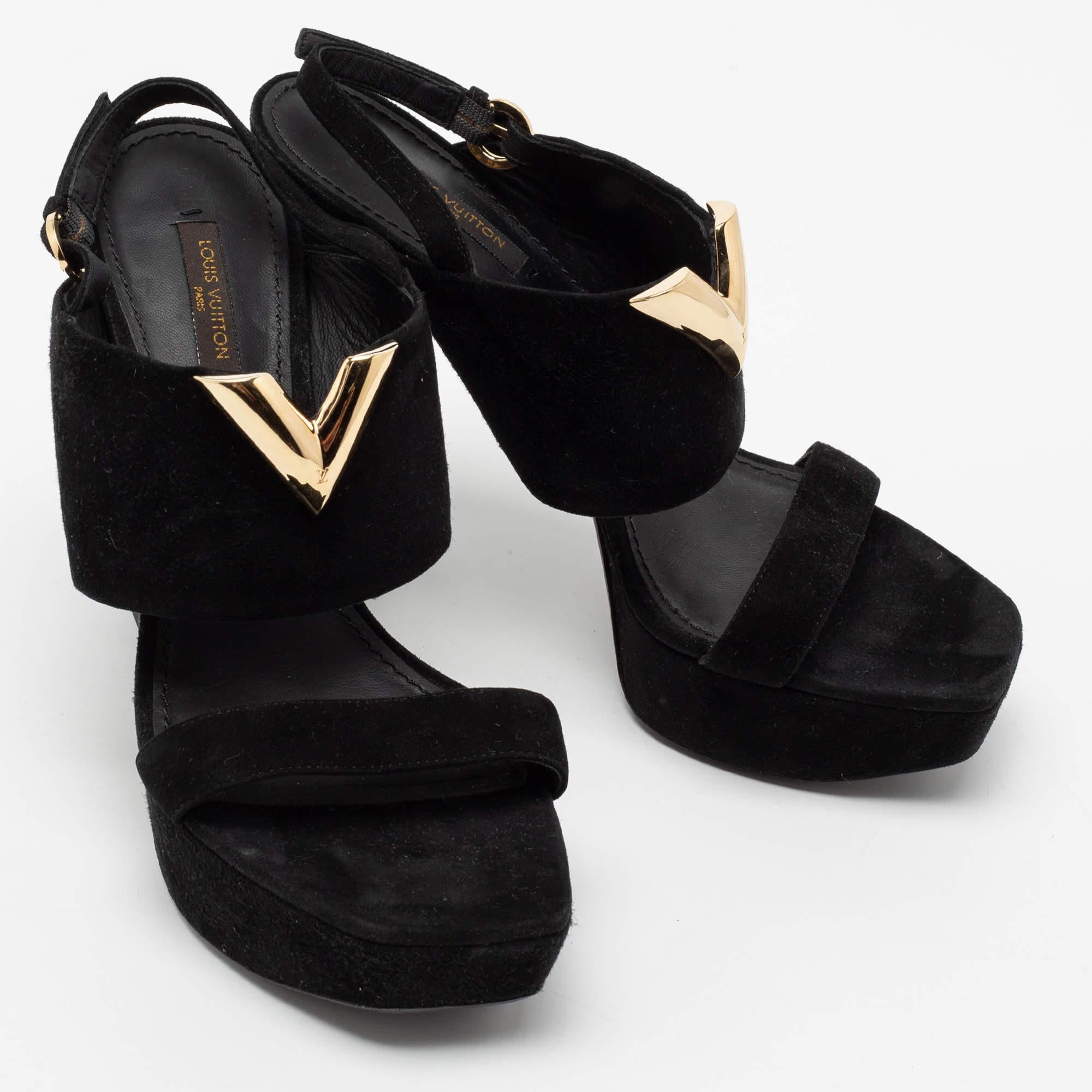 Women's Louis Vuitton Black Suede Platform Slingback Sandals Size 37.5