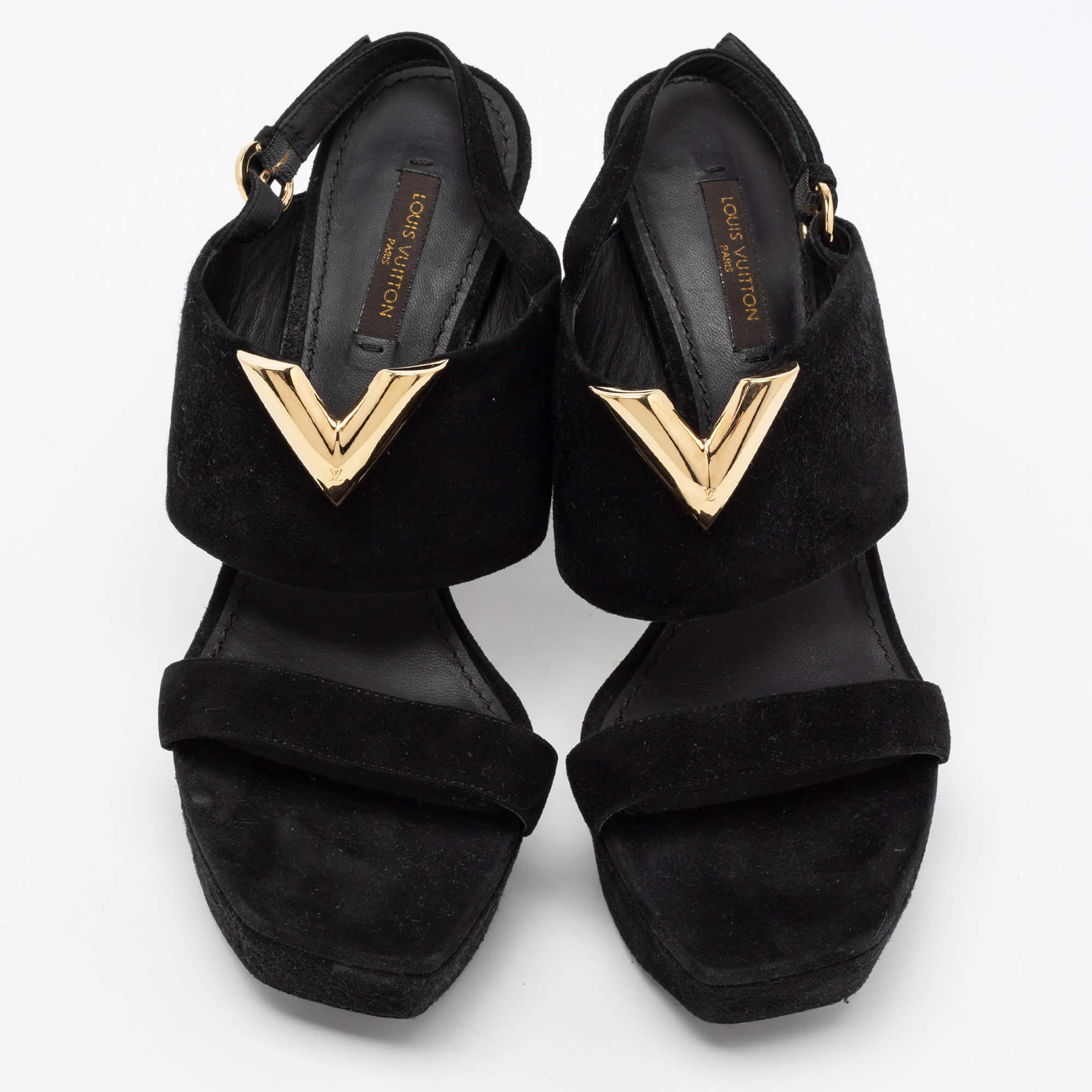 Louis Vuitton Black Suede Platform Slingback Sandals Size 37.5 2