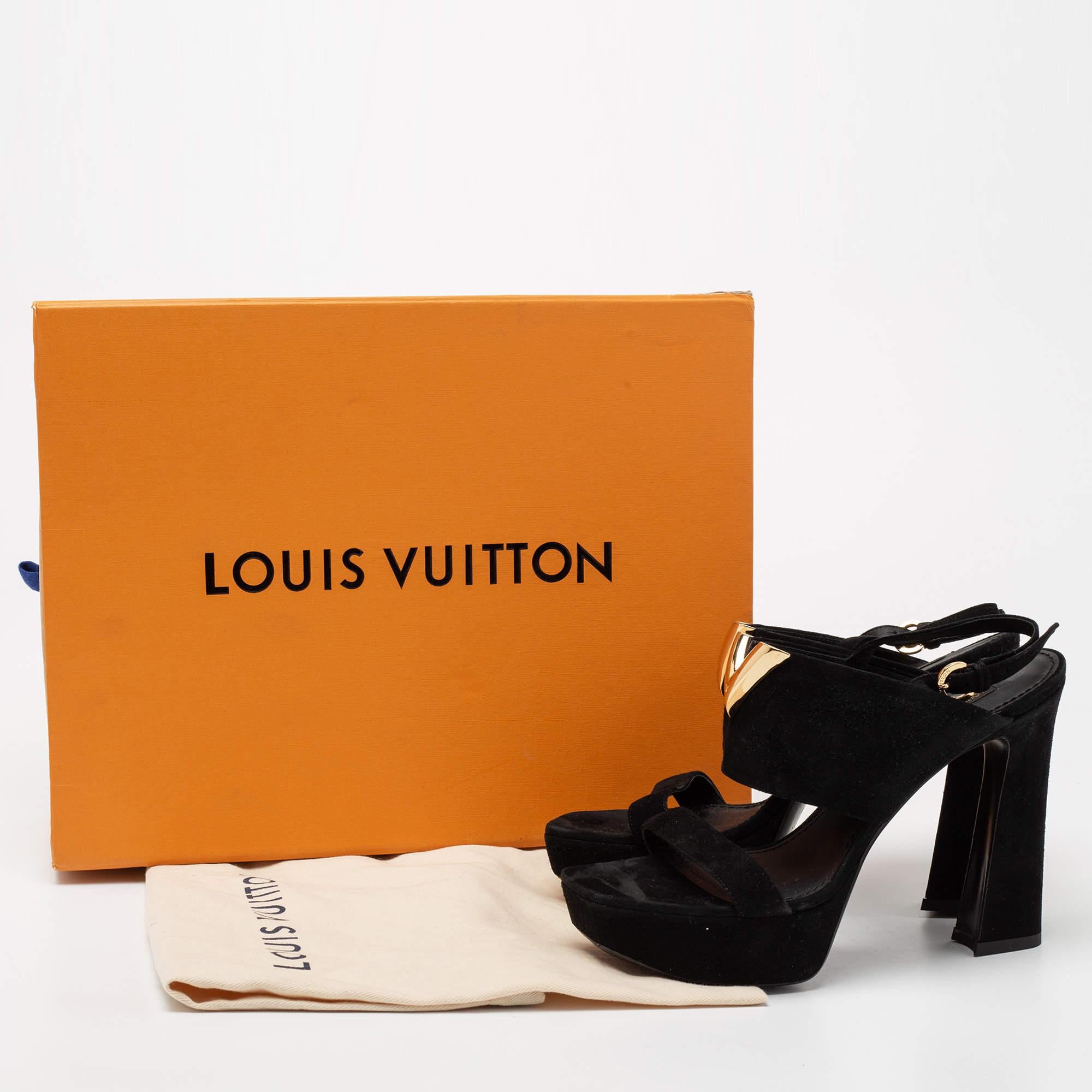 Louis Vuitton Black Suede Platform Slingback Sandals Size 37.5 5