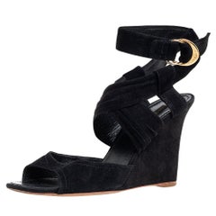 Used Louis Vuitton Black Suede Strappy Wedge Sandals Size 40
