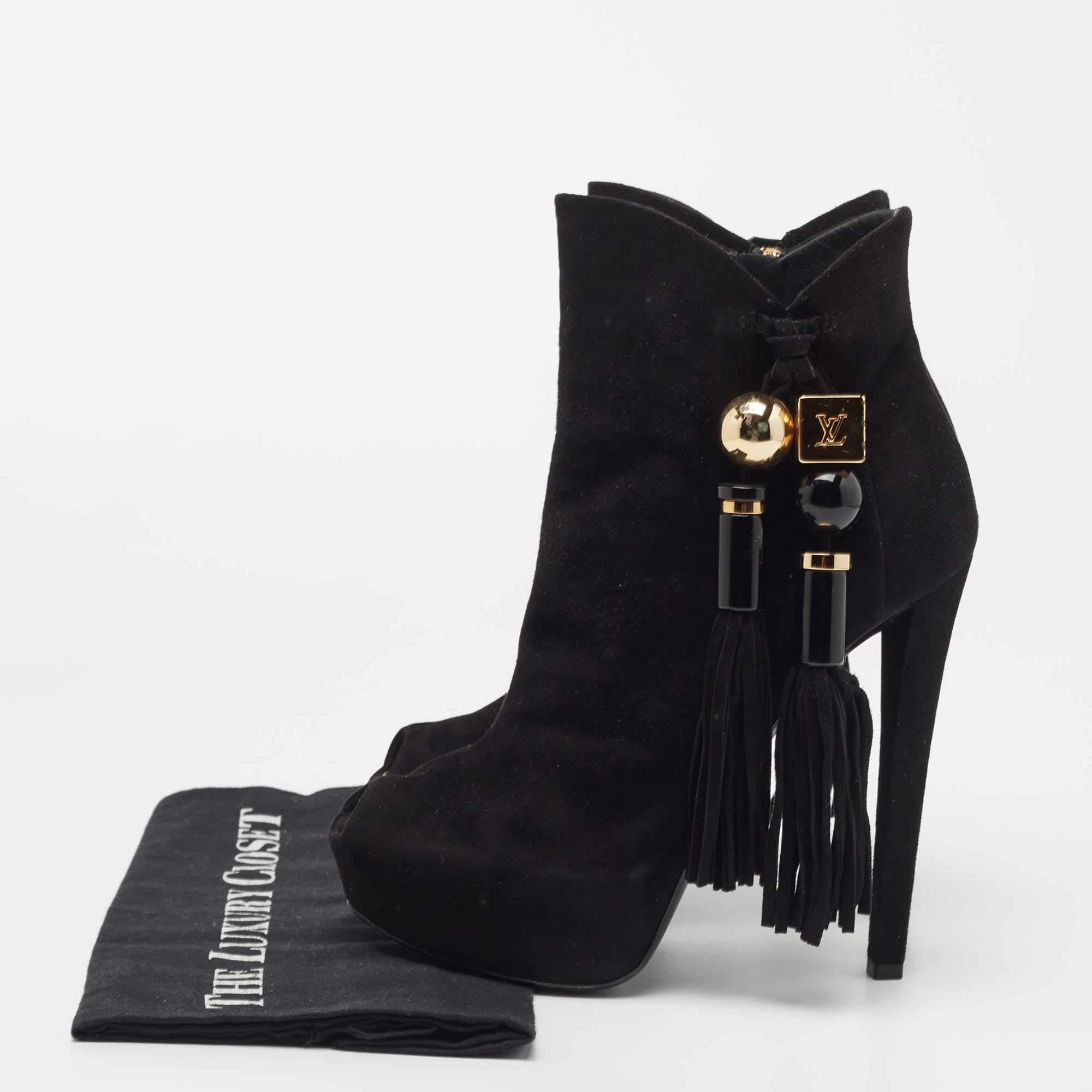 Louis Vuitton Black Suede Tassel Peep Toe Ankle Booties Size 38 6
