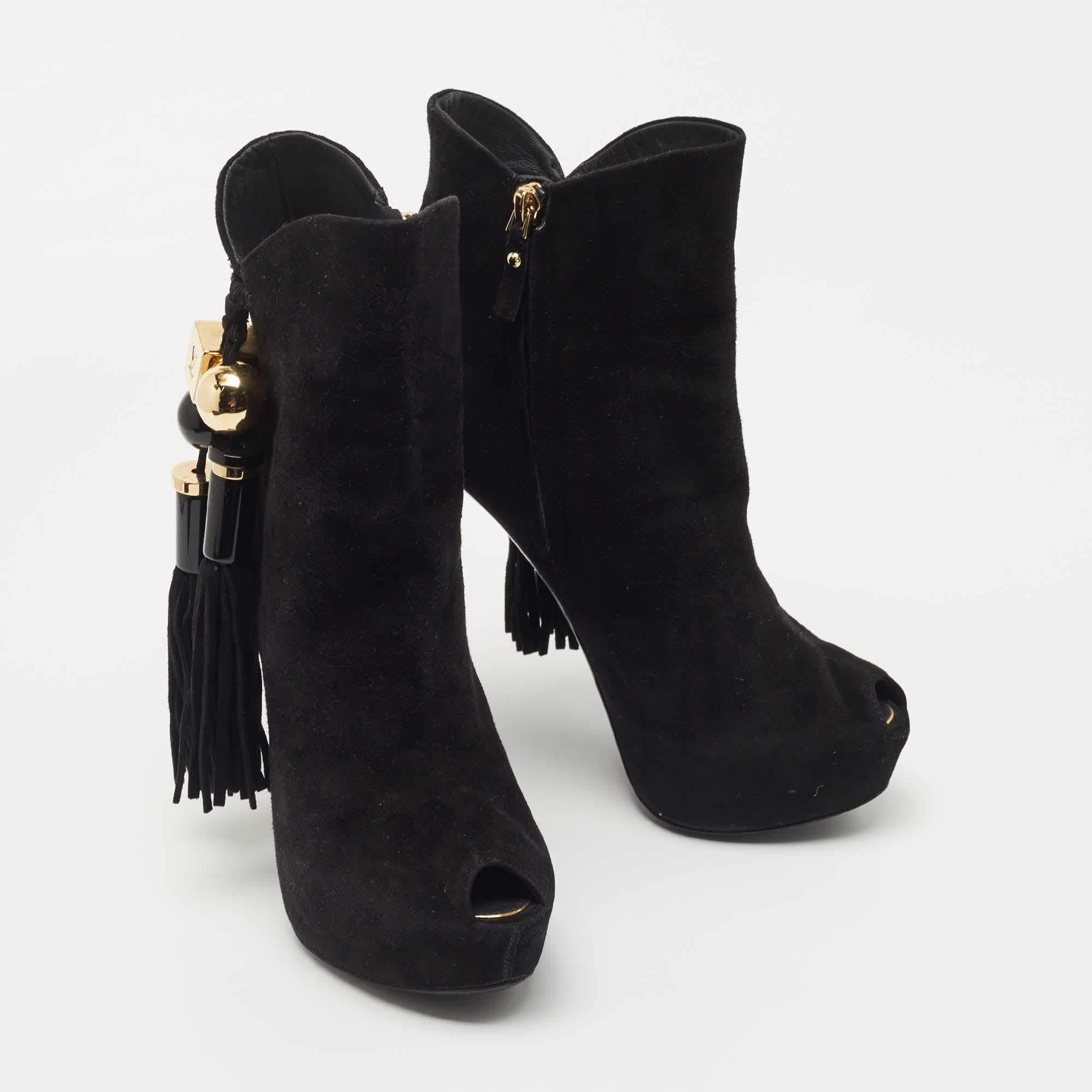 Women's Louis Vuitton Black Suede Tassel Peep Toe Ankle Booties Size 38
