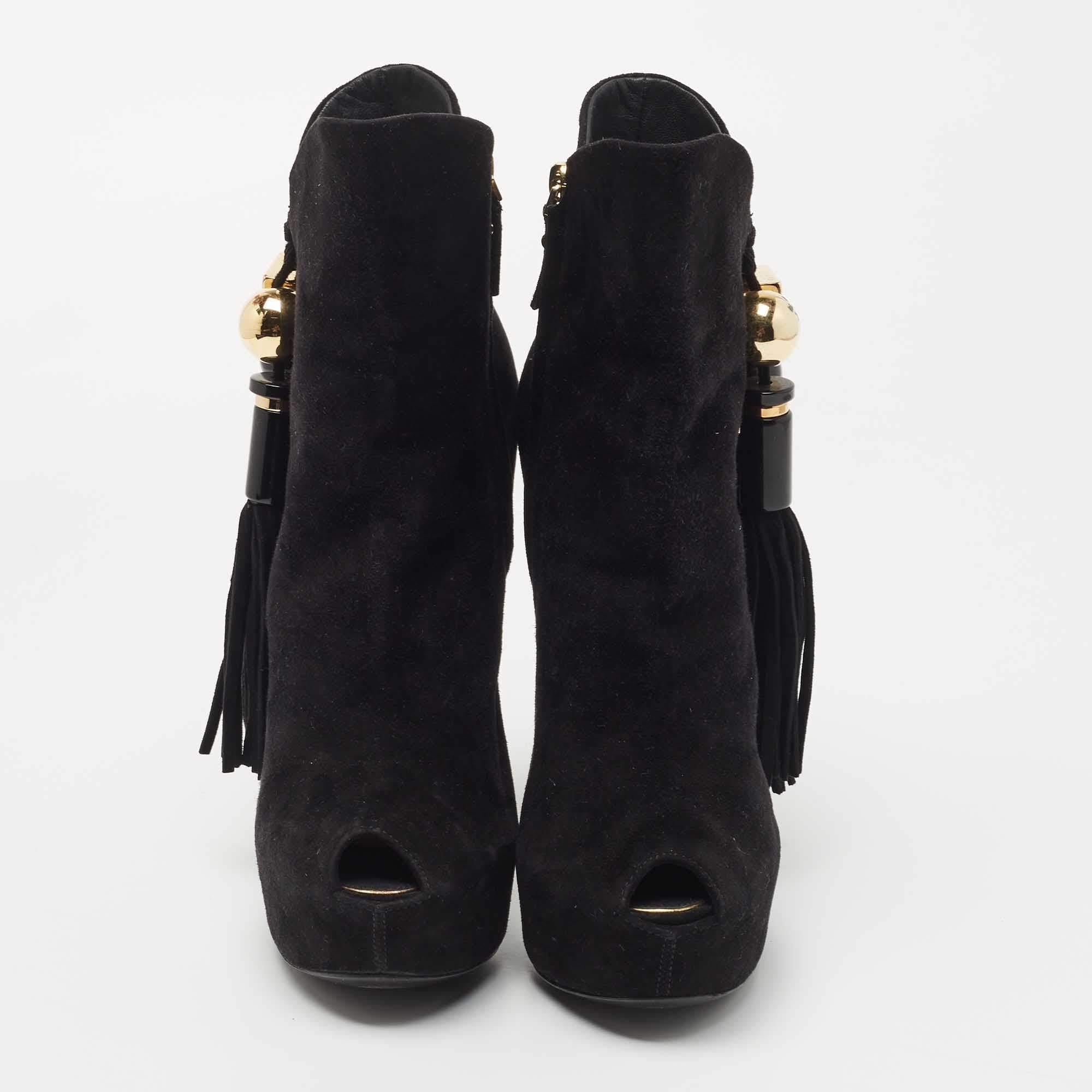 Louis Vuitton Black Suede Tassel Peep Toe Ankle Booties Size 38 1