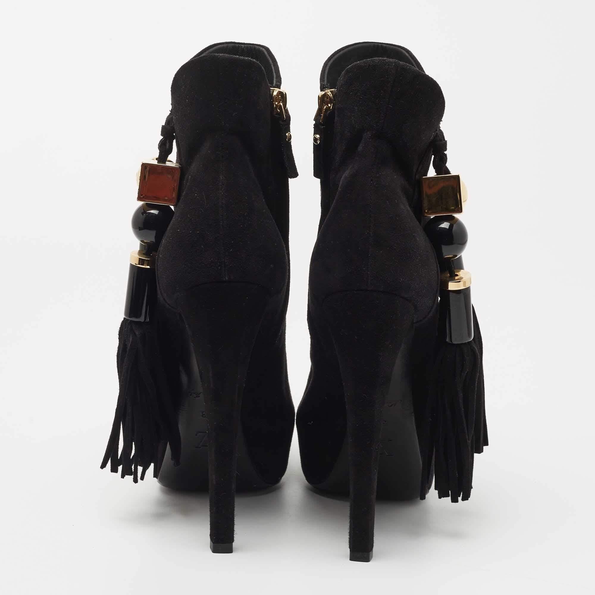 Louis Vuitton Black Suede Tassel Peep Toe Ankle Booties Size 38 2