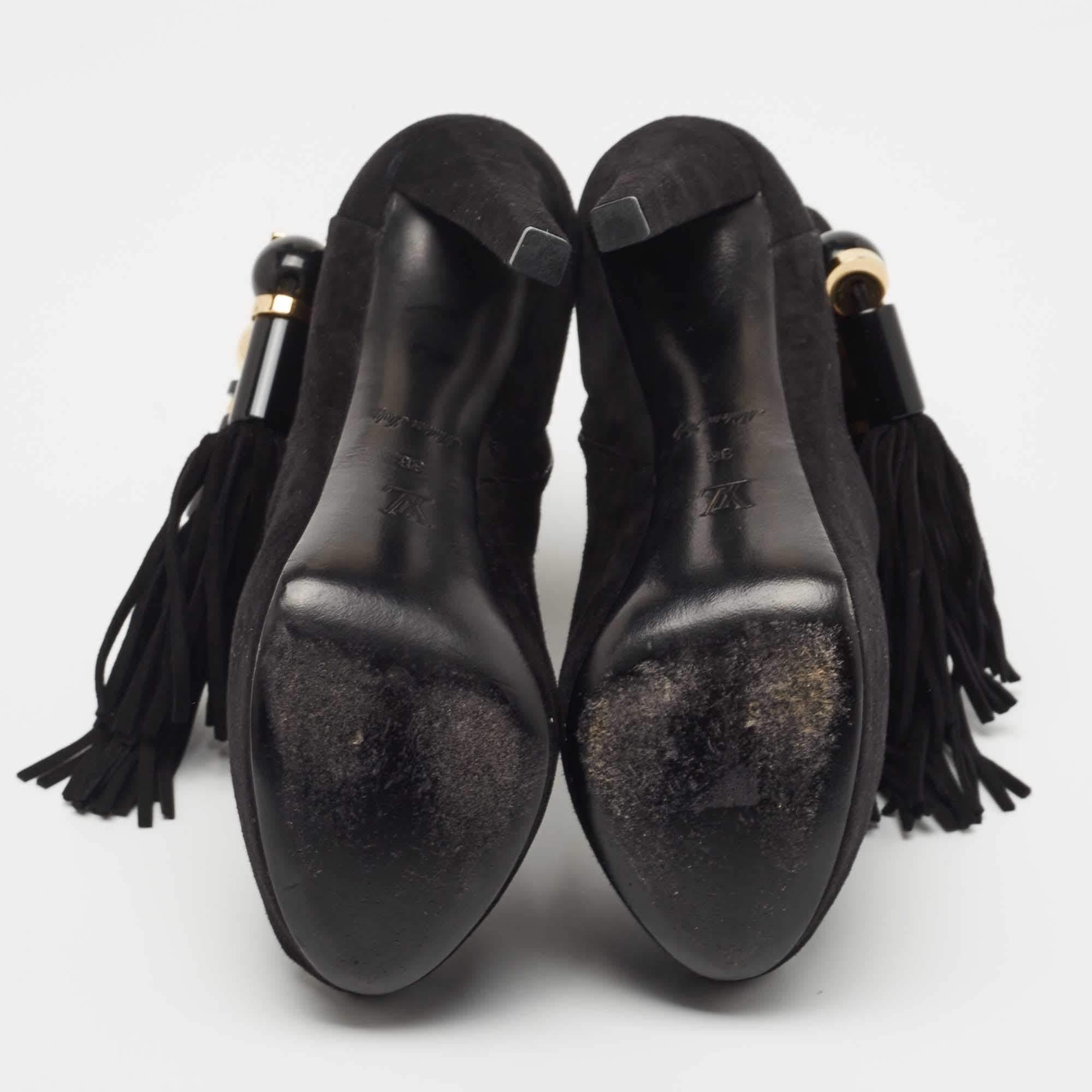 Louis Vuitton Black Suede Tassel Peep Toe Ankle Booties Size 38 3