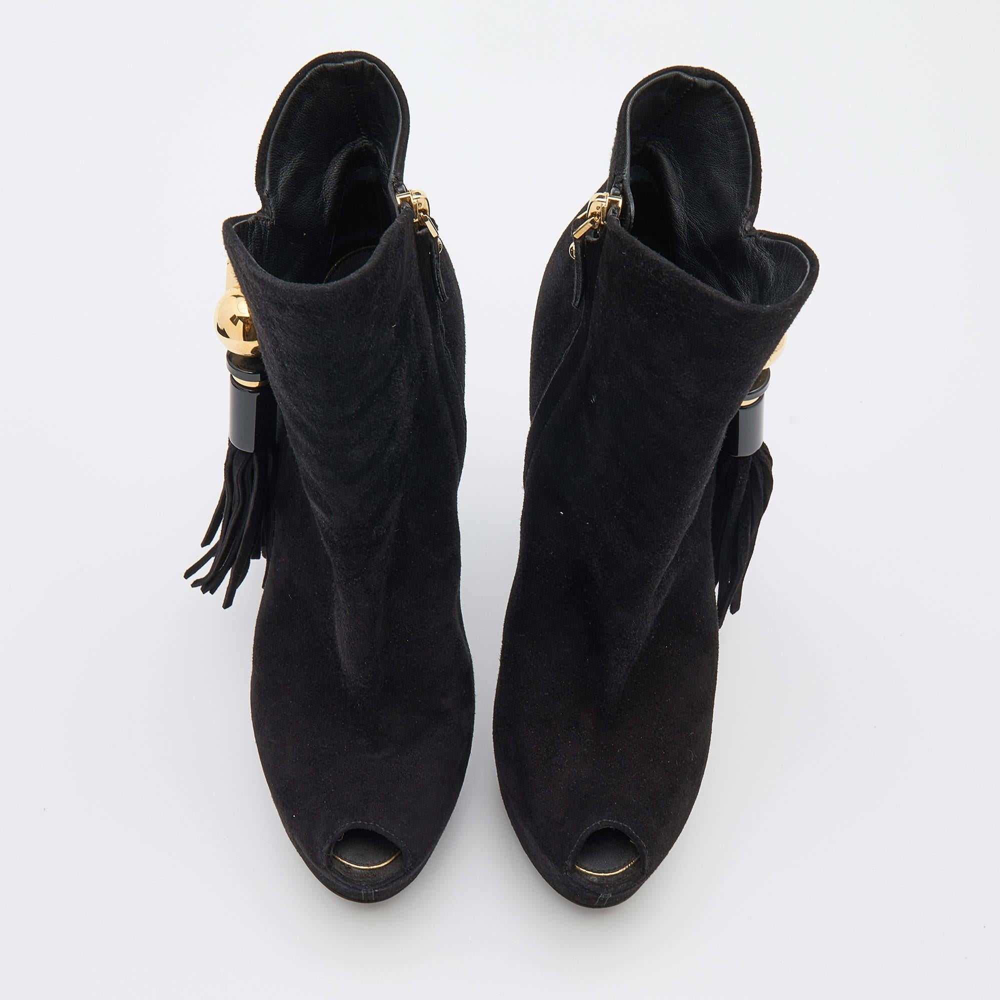 Louis Vuitton Black Suede Tassel Peep Toe Platform Booties Size 38 In Good Condition In Dubai, Al Qouz 2