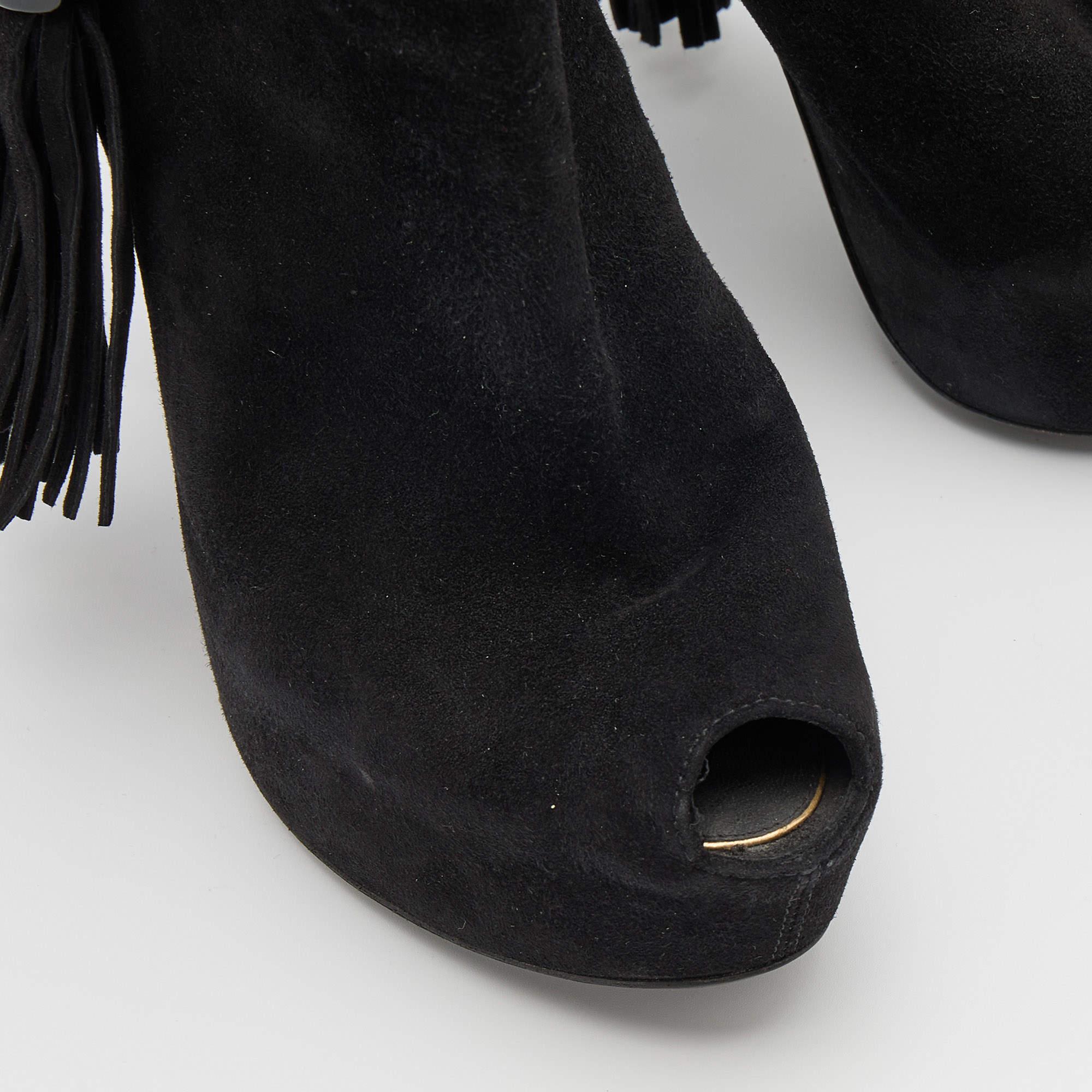 Louis Vuitton Black Suede Tassel Peep Toe Platform Booties Size 38 1