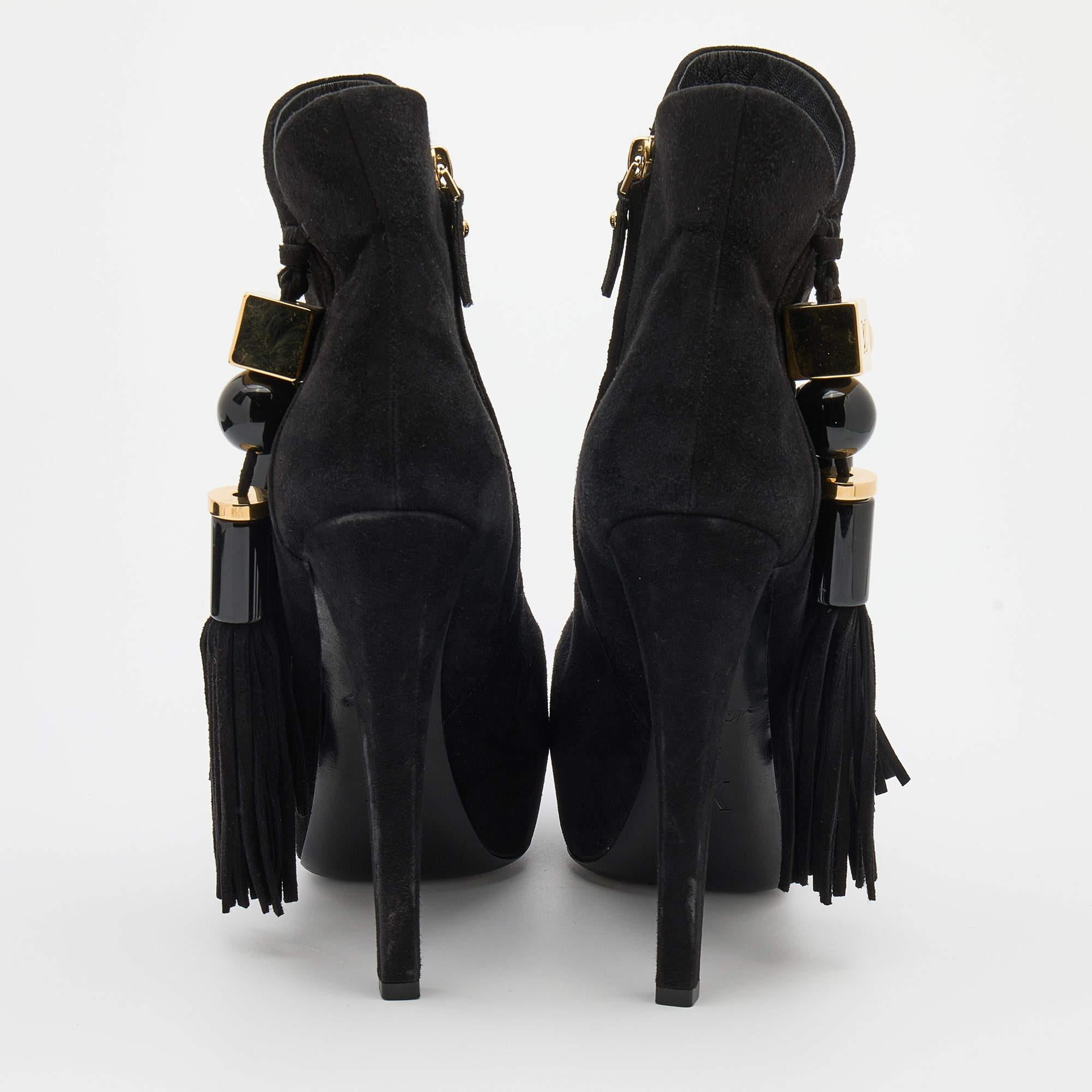 Louis Vuitton Black Suede Tassel Peep Toe Platform Booties Size 38 2