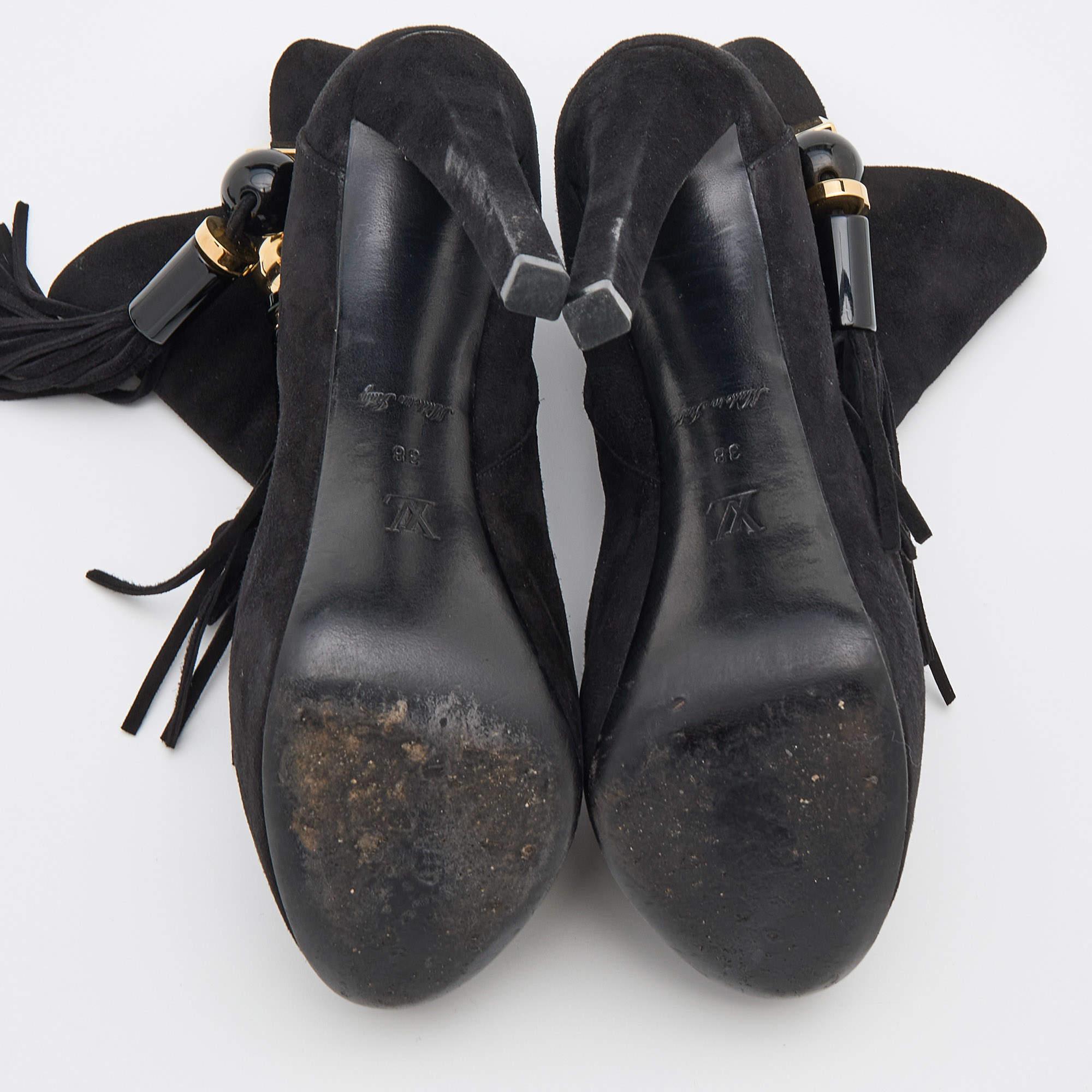 Louis Vuitton Black Suede Tassel Peep Toe Platform Booties Size 38 3