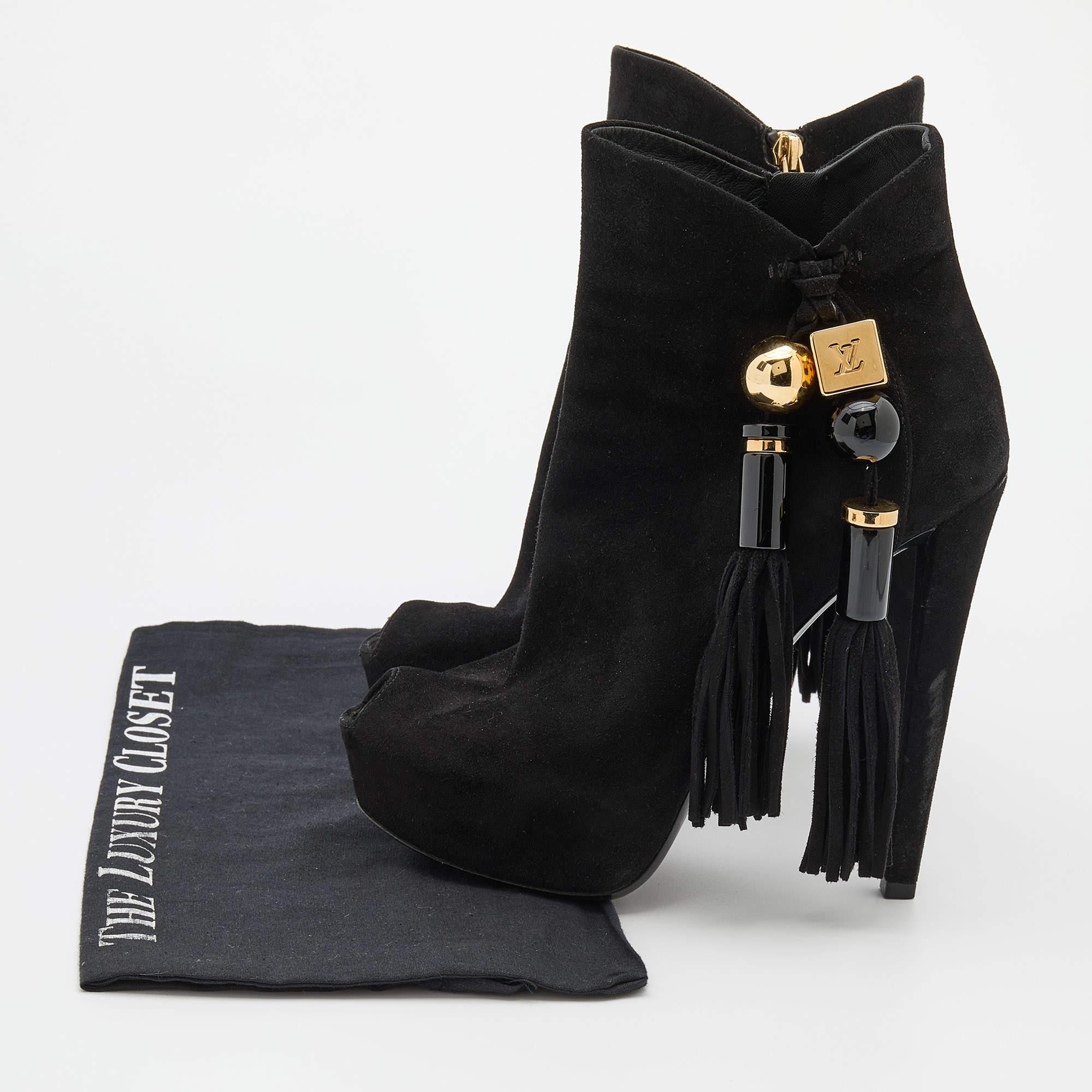 Louis Vuitton Black Suede Tassel Peep Toe Platform Booties Size 38 5