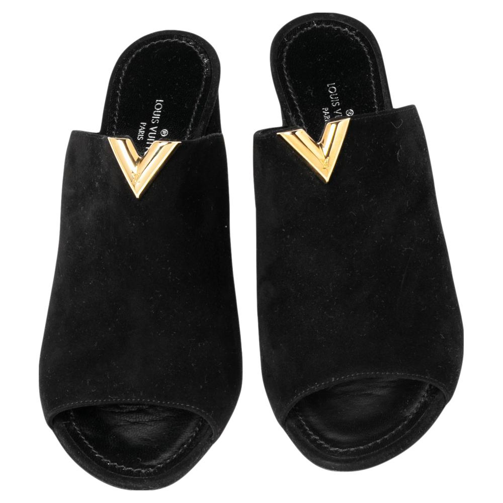 Louis Vuitton Black Suede V Cut Slide Sandals Size 35 3