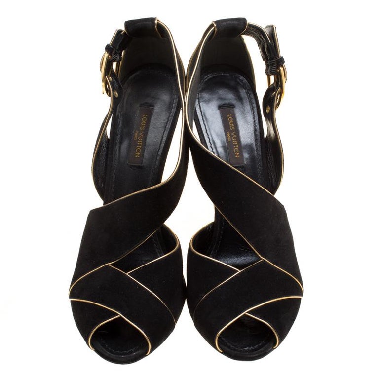 Louis Vuitton Black Suede Wedge Sandals Size 38 For Sale at 1stDibs