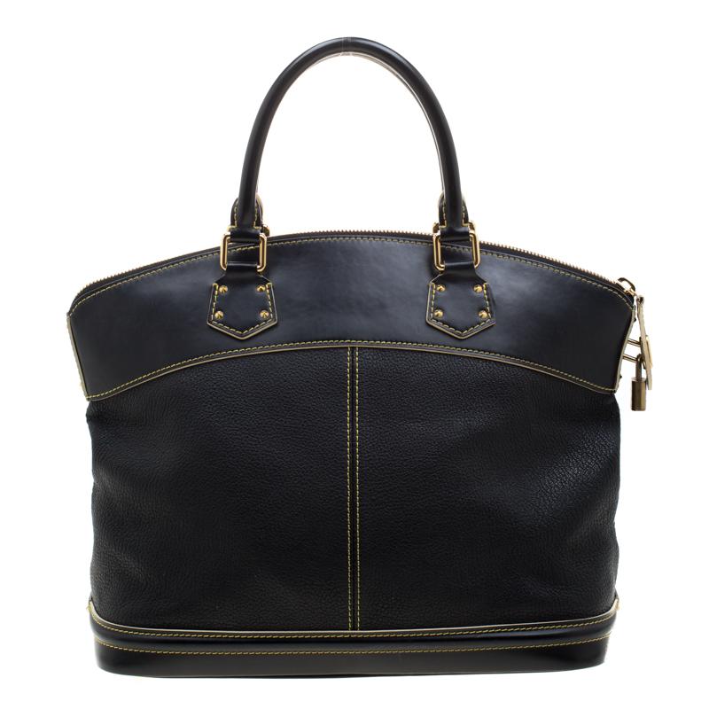 Louis Vuitton's handbags are popular owing to their high style and functionality. This Lockit bag, like all the other handbags, is durable and stylish. Crafted from black Suhali leather, the bag comes with two rolled top handles and a zipper that