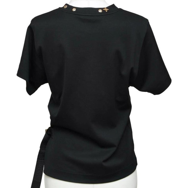 LOUIS VUITTON Black T-Shirt Top Shirt Side Strap Gold Monogram