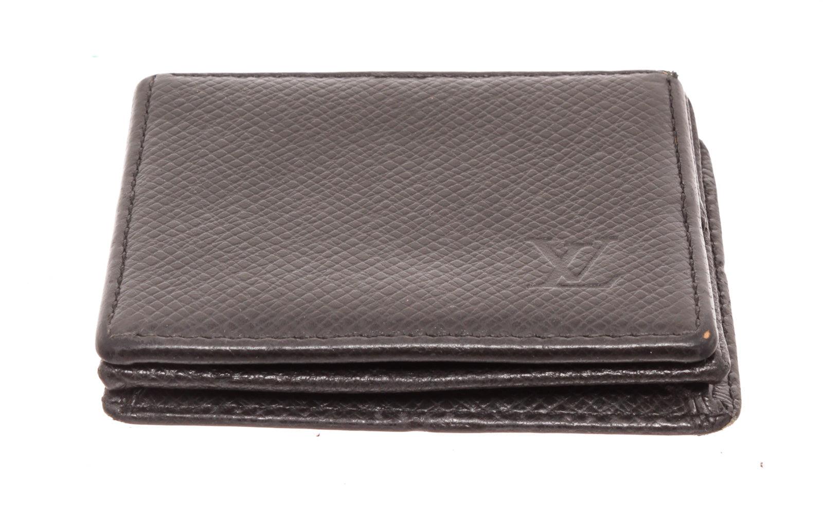 Men's Louis Vuitton Black Taiga Leather Boite Coin Case Wallet with silver-tone