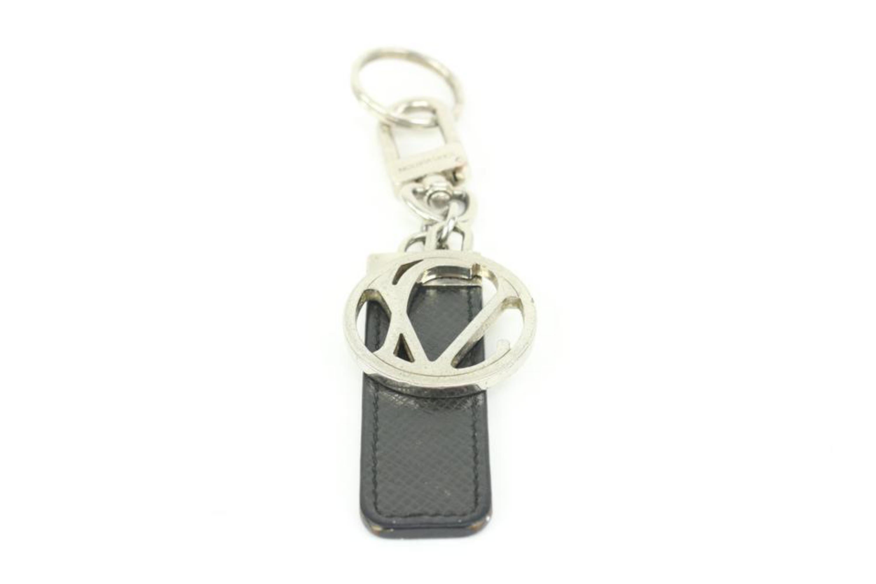 Gray Louis Vuitton Black Taiga Leather Silver Logo Keychain Bag Charm Pendant 3lk412s For Sale