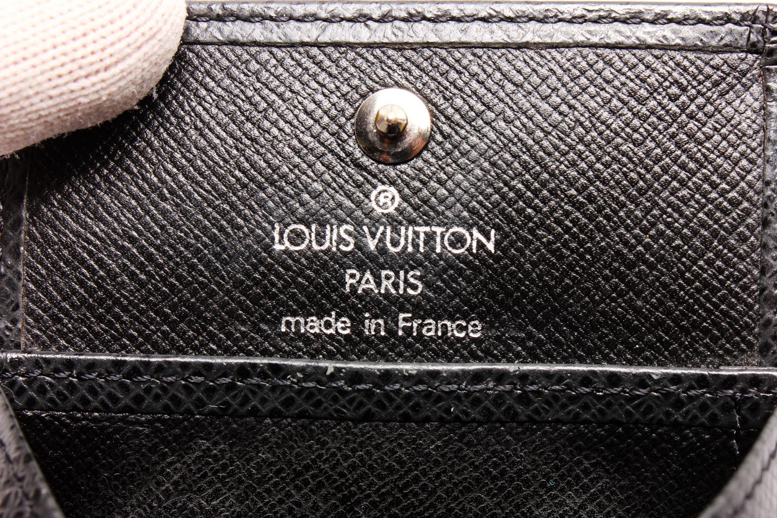 Women's Louis Vuitton black Taiga leather square coin case with silver-tone hardware