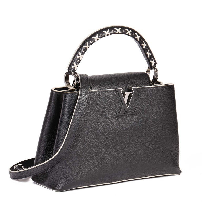 LOUIS VUITTON Black Taurillion Leather and White Stitch Capucines