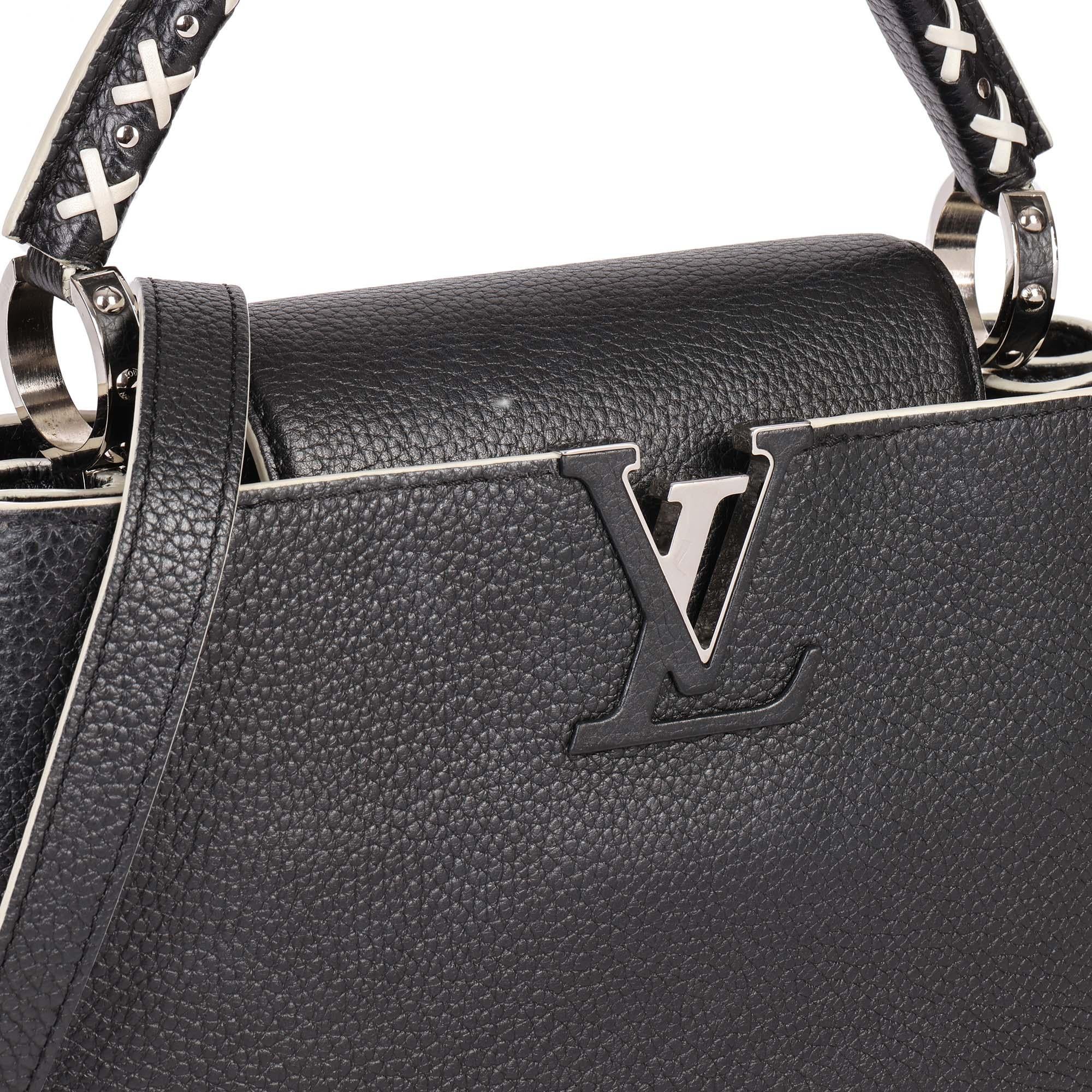LOUIS VUITTON Black Taurillion Leather & White Stitch Capucines PM 1