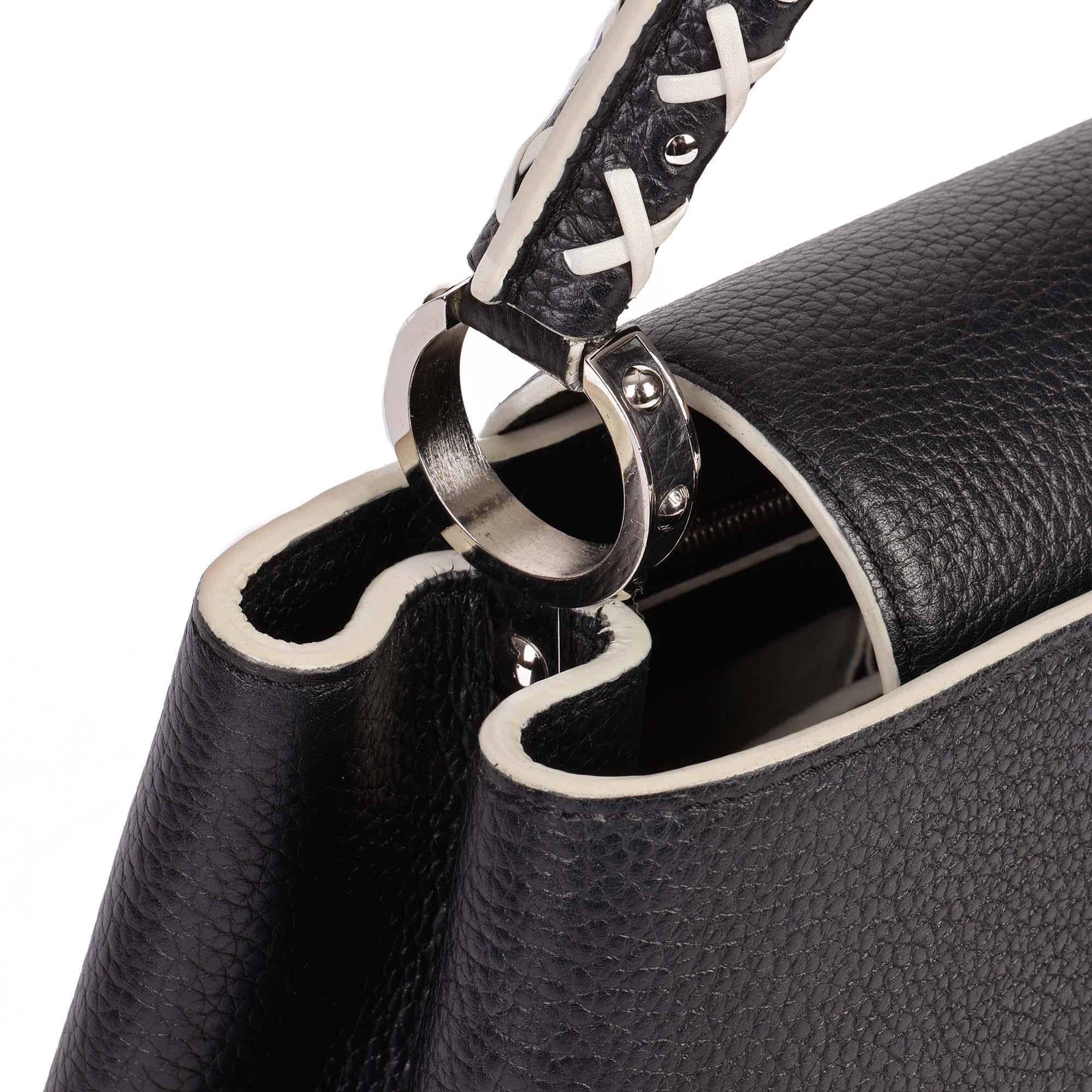 LOUIS VUITTON Black Taurillion Leather & White Stitch Capucines PM 2