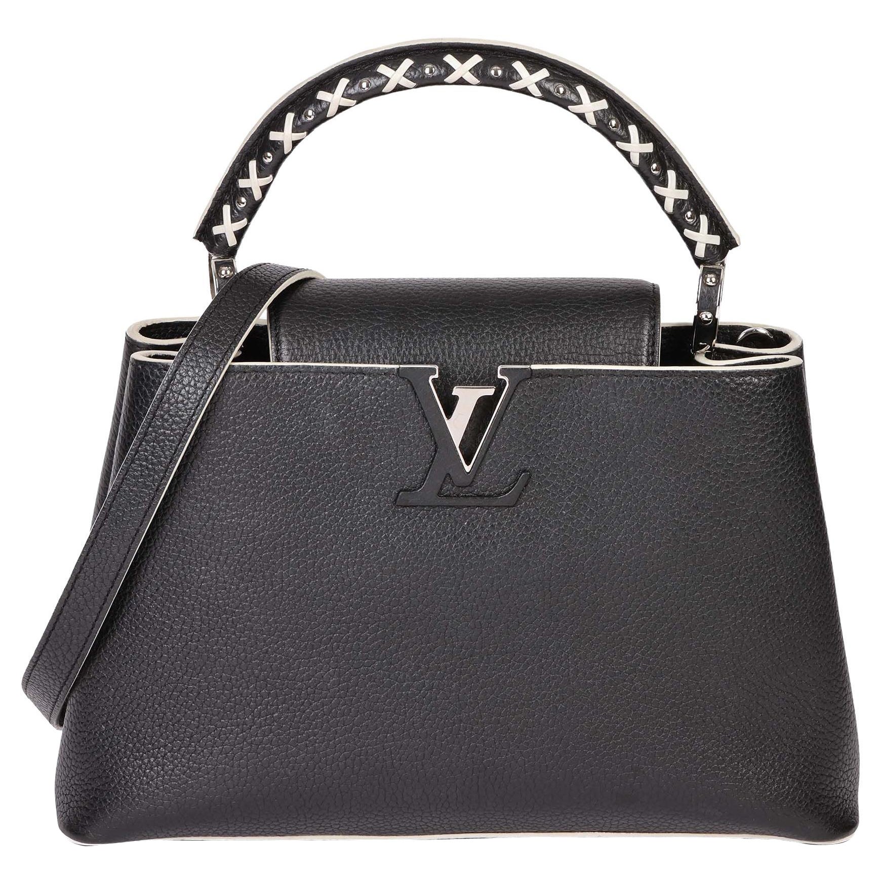 LOUIS VUITTON Black Taurillion Leather 
White Stitch Capucines PM