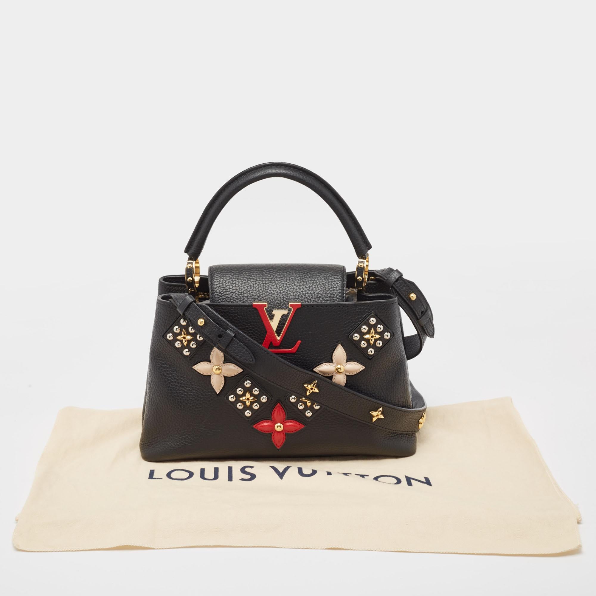 Louis Vuitton Black Taurillon Leather Limited Edition Applique Capucines PM Bag For Sale 8