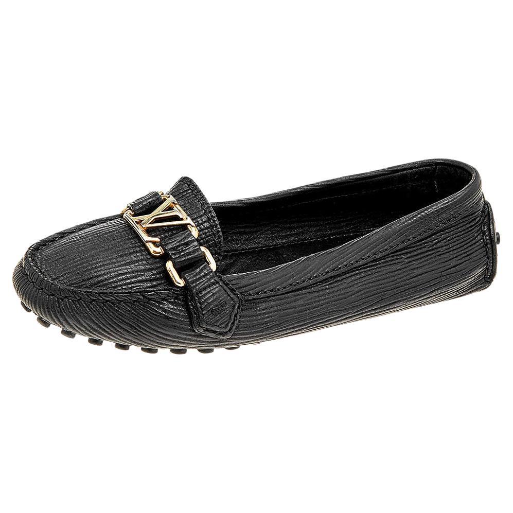 Louis Vuitton Black Textured Leather Oxford Slip On Loafers Size 36 For Sale