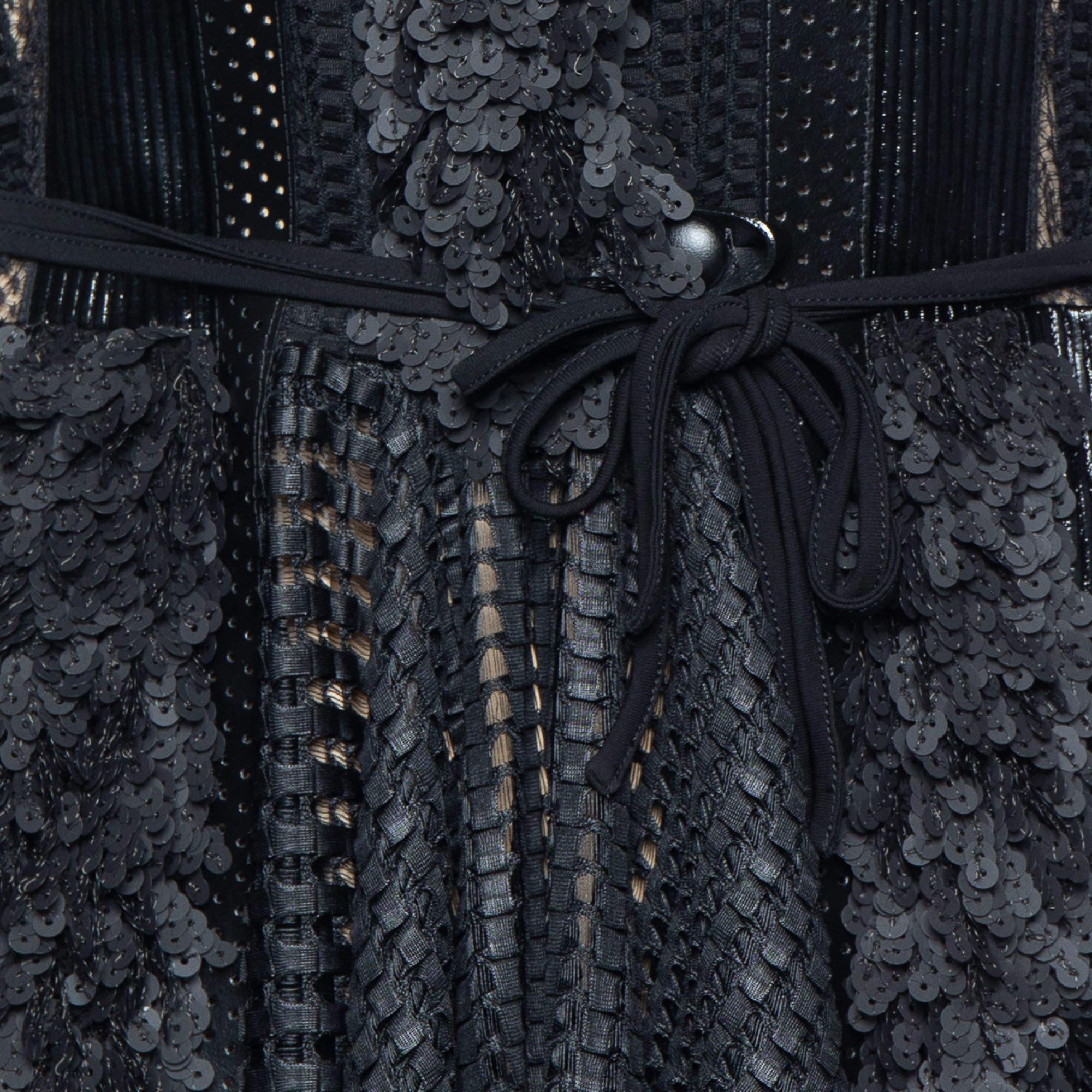 Louis Vuitton Black Textured & Leather Sequin Detail Asymmetric Hem Midi Dress M In Excellent Condition In Dubai, Al Qouz 2