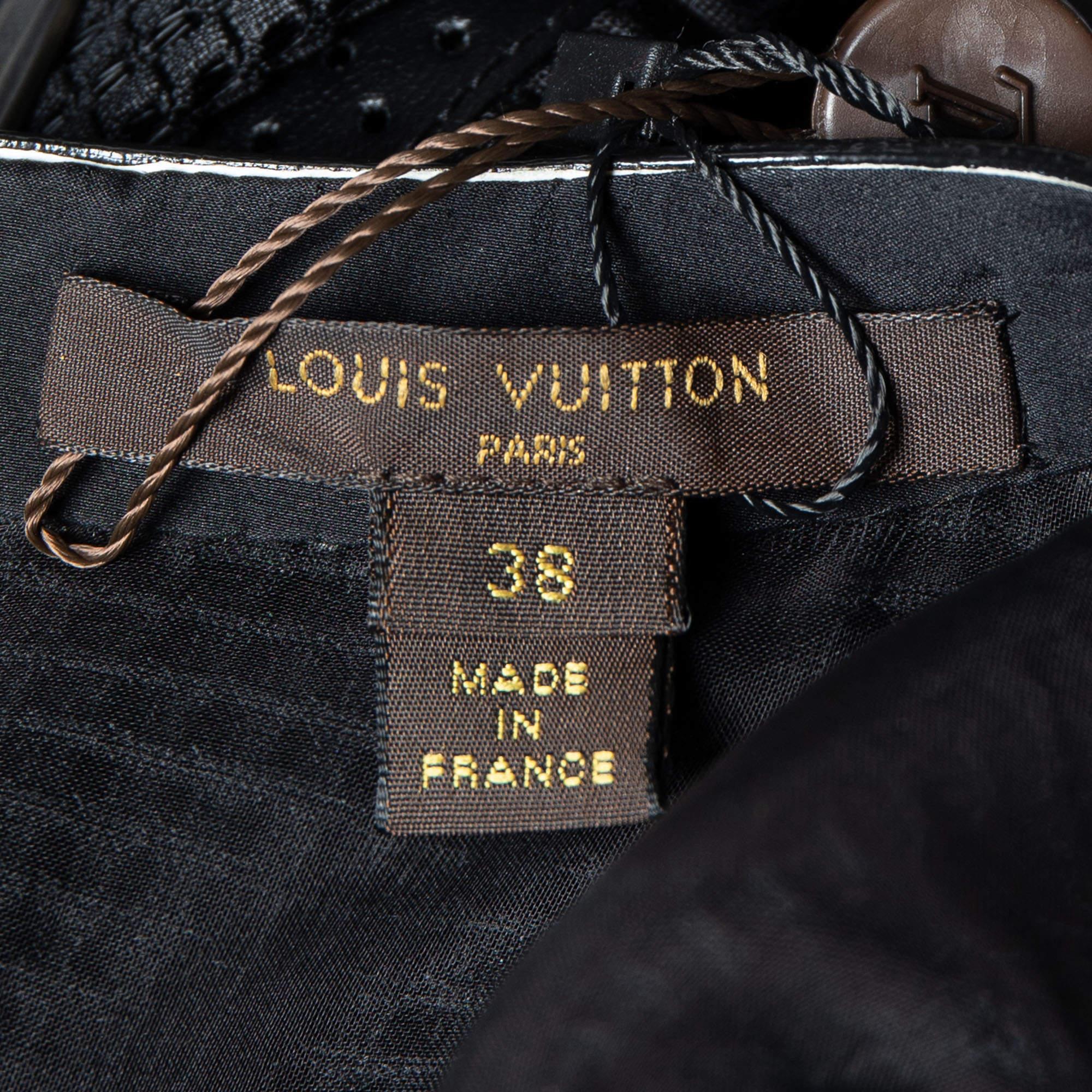Women's Louis Vuitton Black Textured & Leather Sequin Detail Asymmetric Hem Midi Dress M