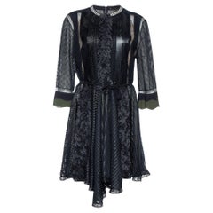 Used Louis Vuitton Black Textured & Leather Sequin Detail Asymmetric Hem Midi Dress M