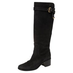 Louis Vuitton Black Textured Nubuck Knee High Buckle Boots Size 37