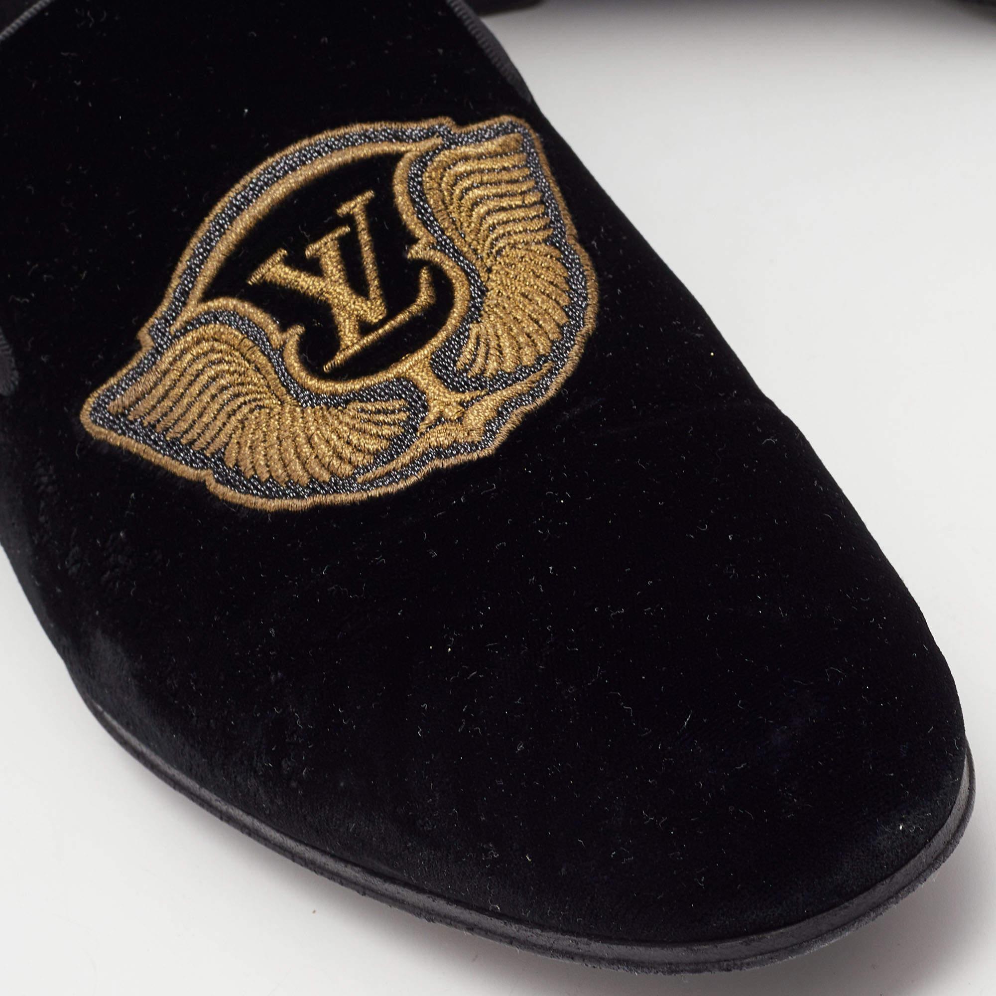Women's Louis Vuitton Black Velvet Auteuil Logo Smoking Slippers Size 43 For Sale