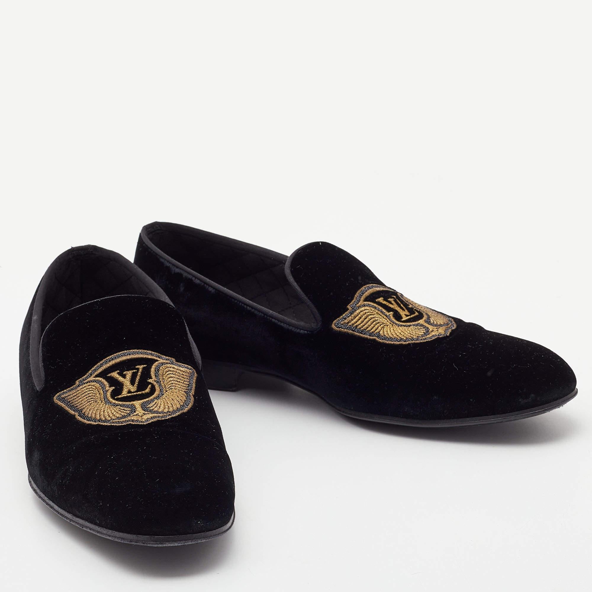 Louis Vuitton Black Velvet Auteuil Logo Smoking Slippers Size 43 For Sale 1