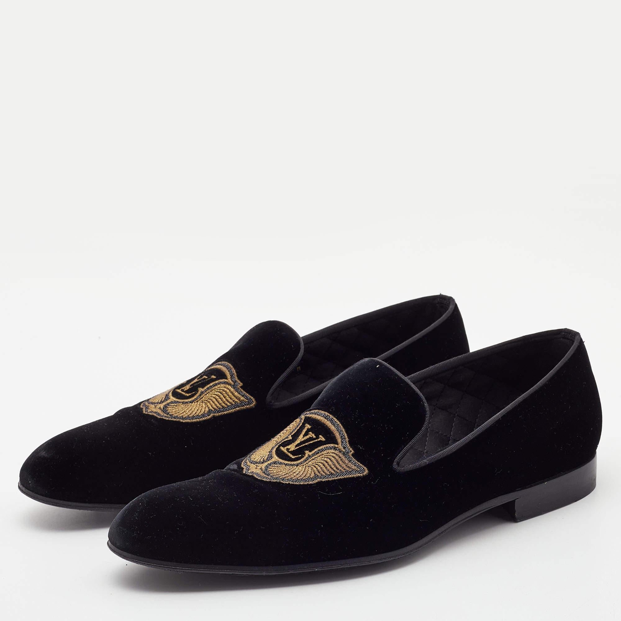 Louis Vuitton Black Velvet Auteuil Logo Smoking Slippers Size 43 For Sale 2